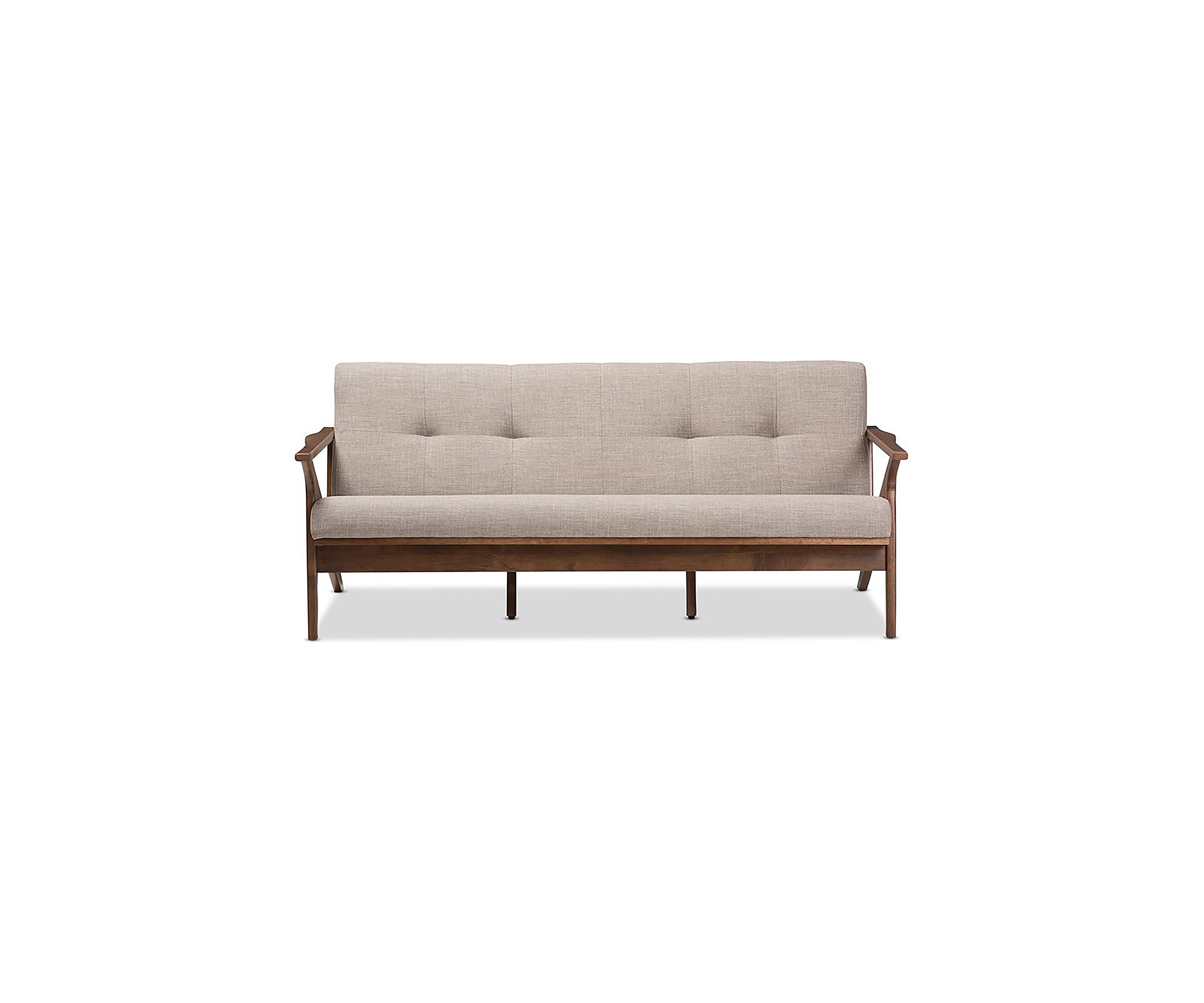 Bianca Mid-Century Modern Walnut Wood Light Grey Fabric Tufted 3-Seater Sofa