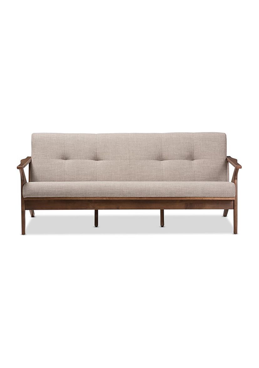 Bianca Mid-Century Modern Walnut Wood Light Grey Fabric Tufted 3-Seater Sofa