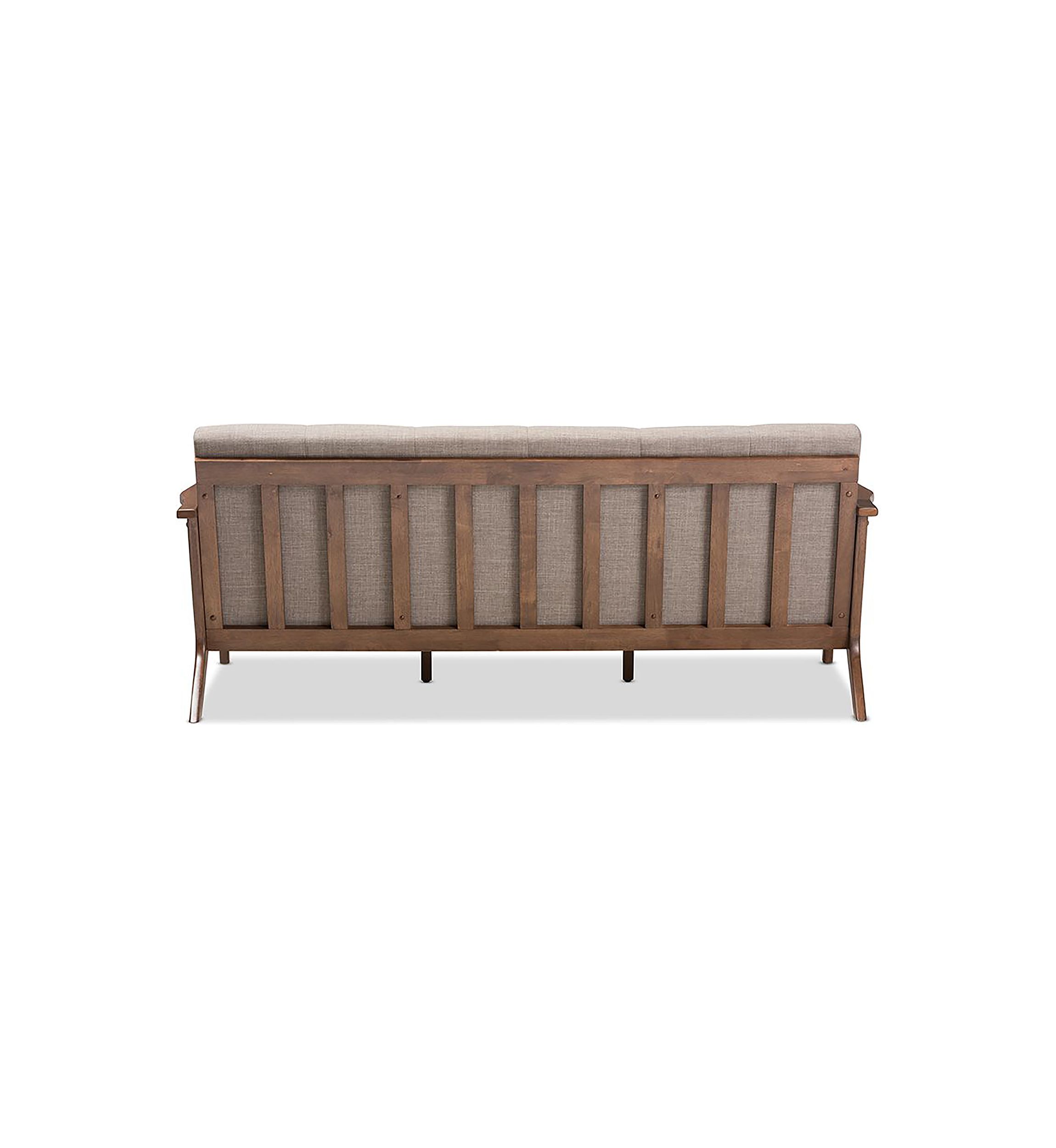Bianca Mid-Century Modern Walnut Wood Light Grey Fabric Tufted 3-Seater Sofa