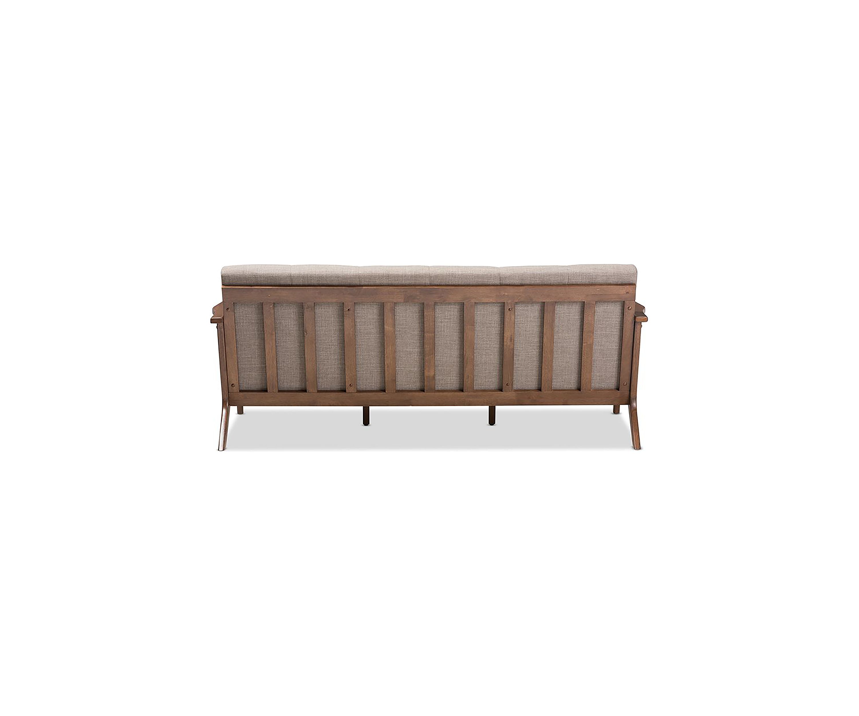 Bianca Mid-Century Modern Walnut Wood Light Grey Fabric Tufted 3-Seater Sofa