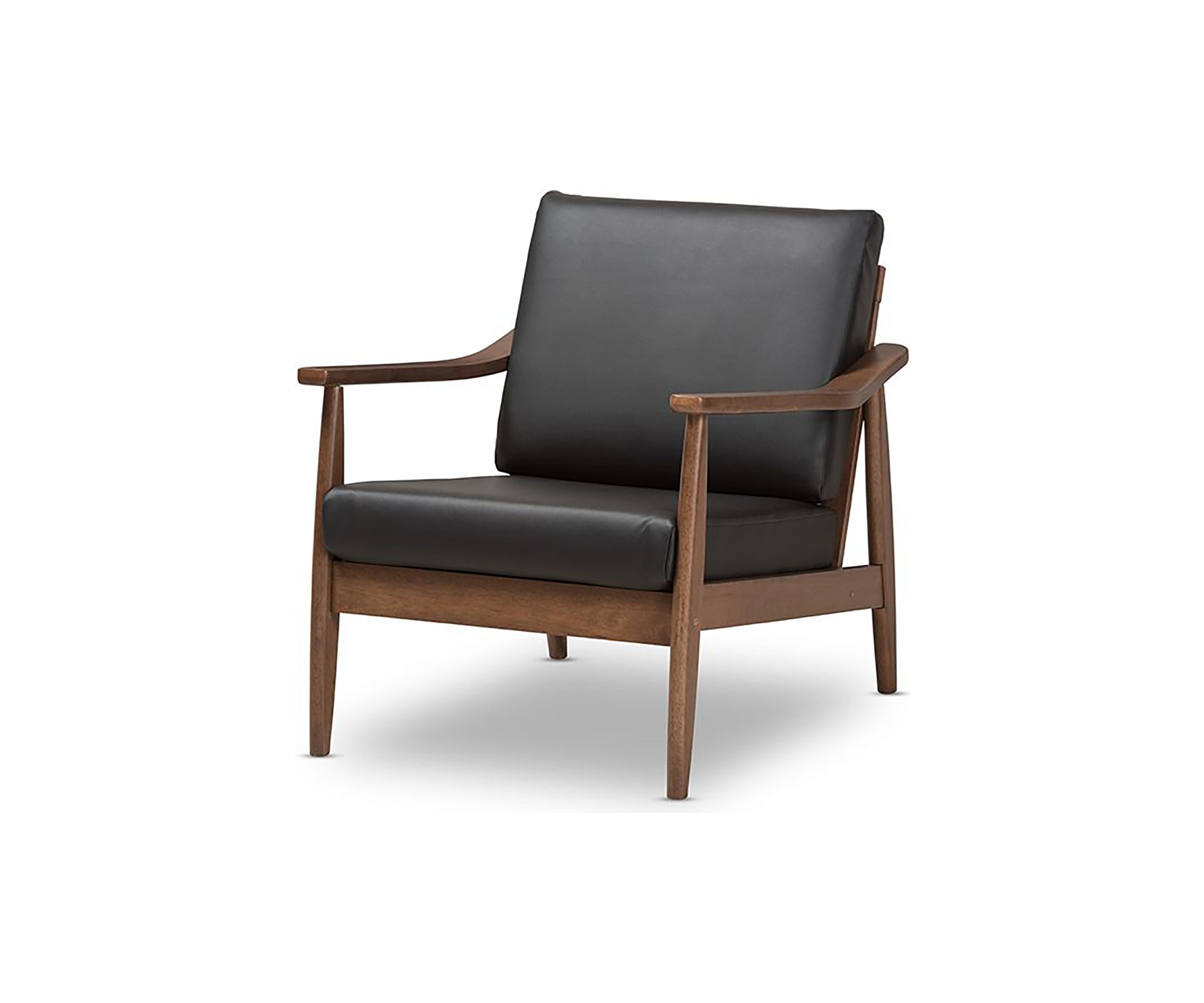 Venza Mid-Century Modern Walnut Wood Black Faux Leather Lounge Chair