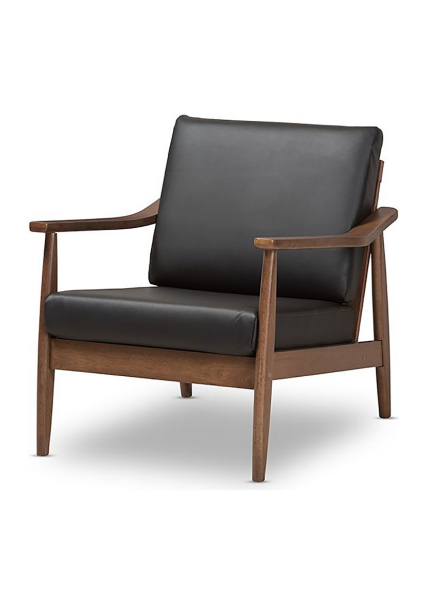 Venza Mid-Century Modern Walnut Wood Black Faux Leather Lounge Chair