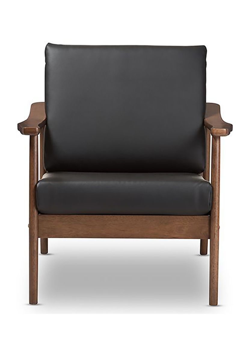 Venza Mid-Century Modern Walnut Wood Black Faux Leather Lounge Chair