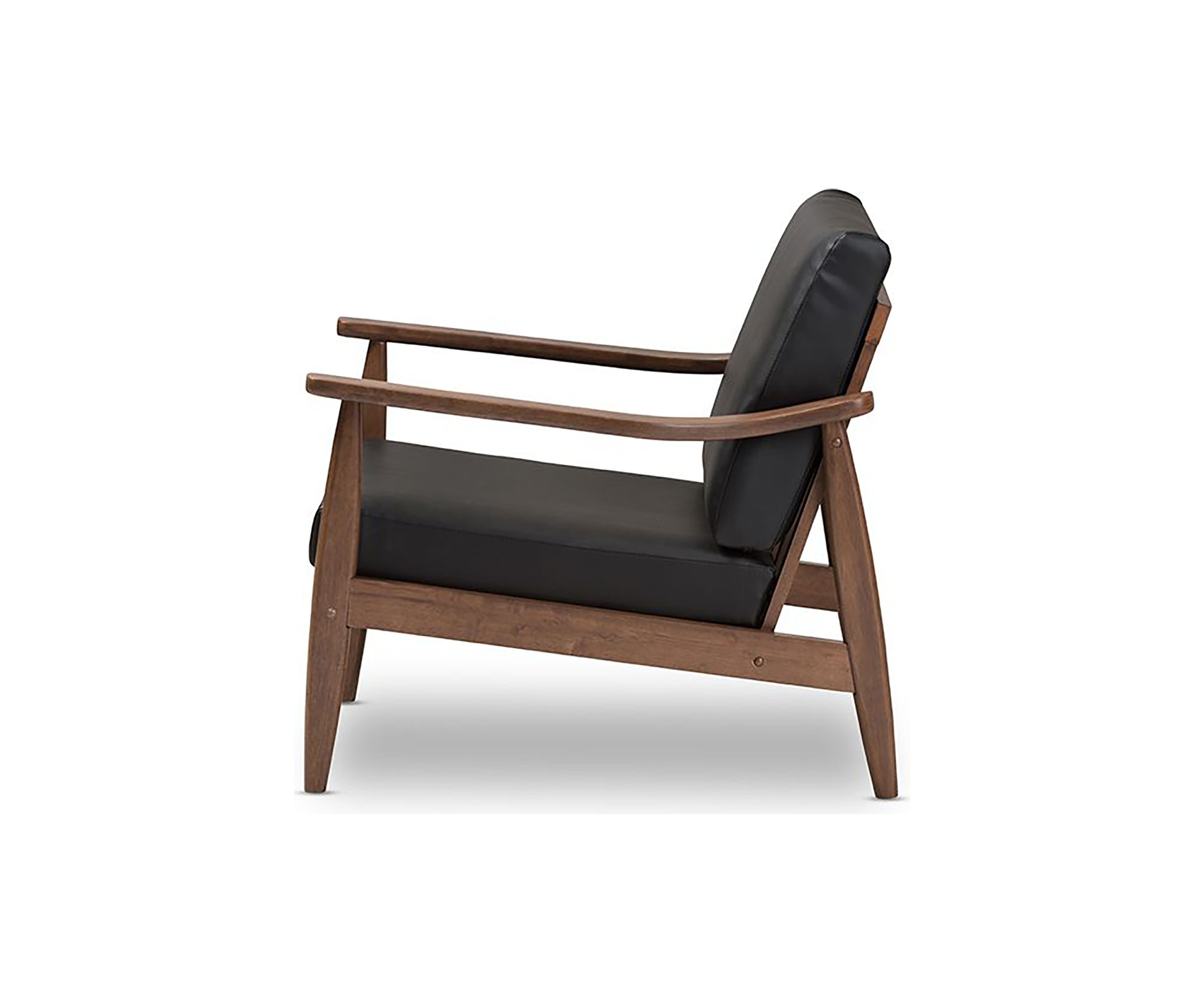 Venza Mid-Century Modern Walnut Wood Black Faux Leather Lounge Chair
