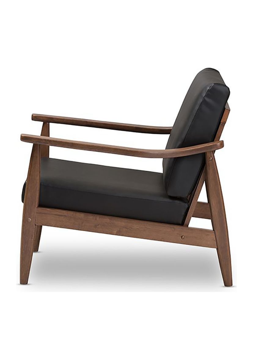 Venza Mid-Century Modern Walnut Wood Black Faux Leather Lounge Chair