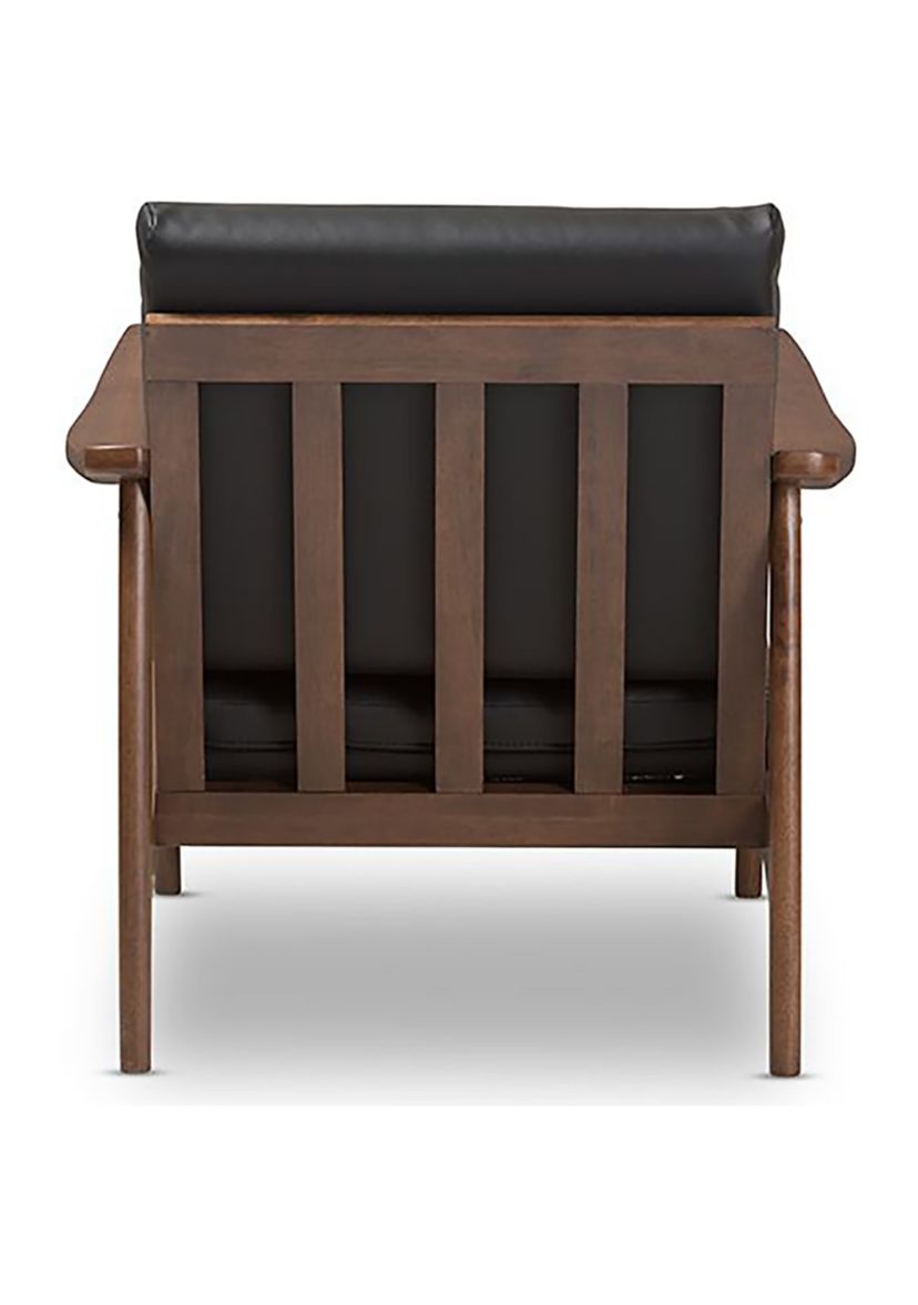 Venza Mid-Century Modern Walnut Wood Black Faux Leather Lounge Chair