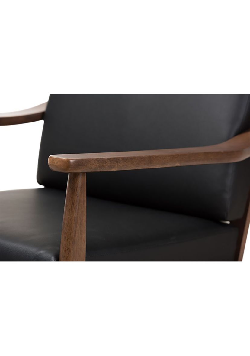 Venza Mid-Century Modern Walnut Wood Black Faux Leather Lounge Chair