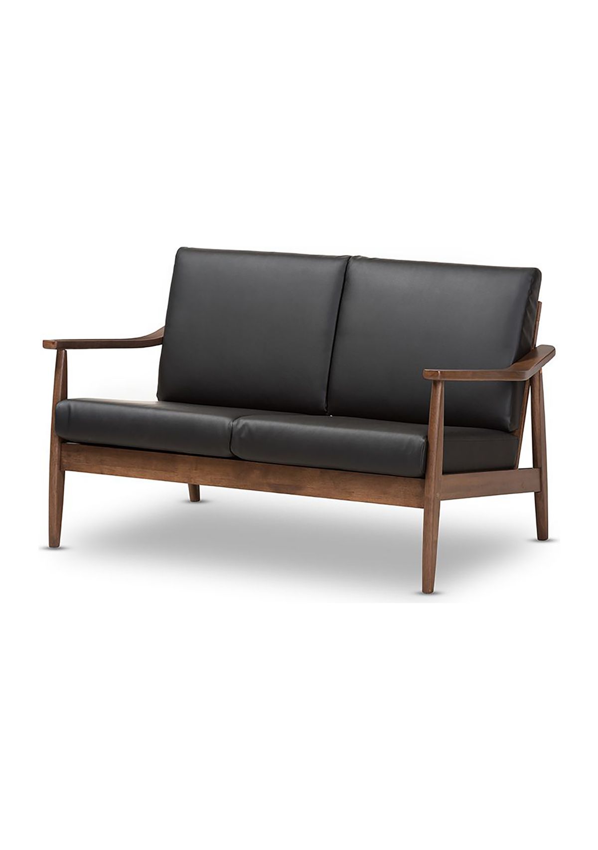 Venza Mid-Century Modern Walnut Wood Black Faux Leather 2-Seater Loveseat