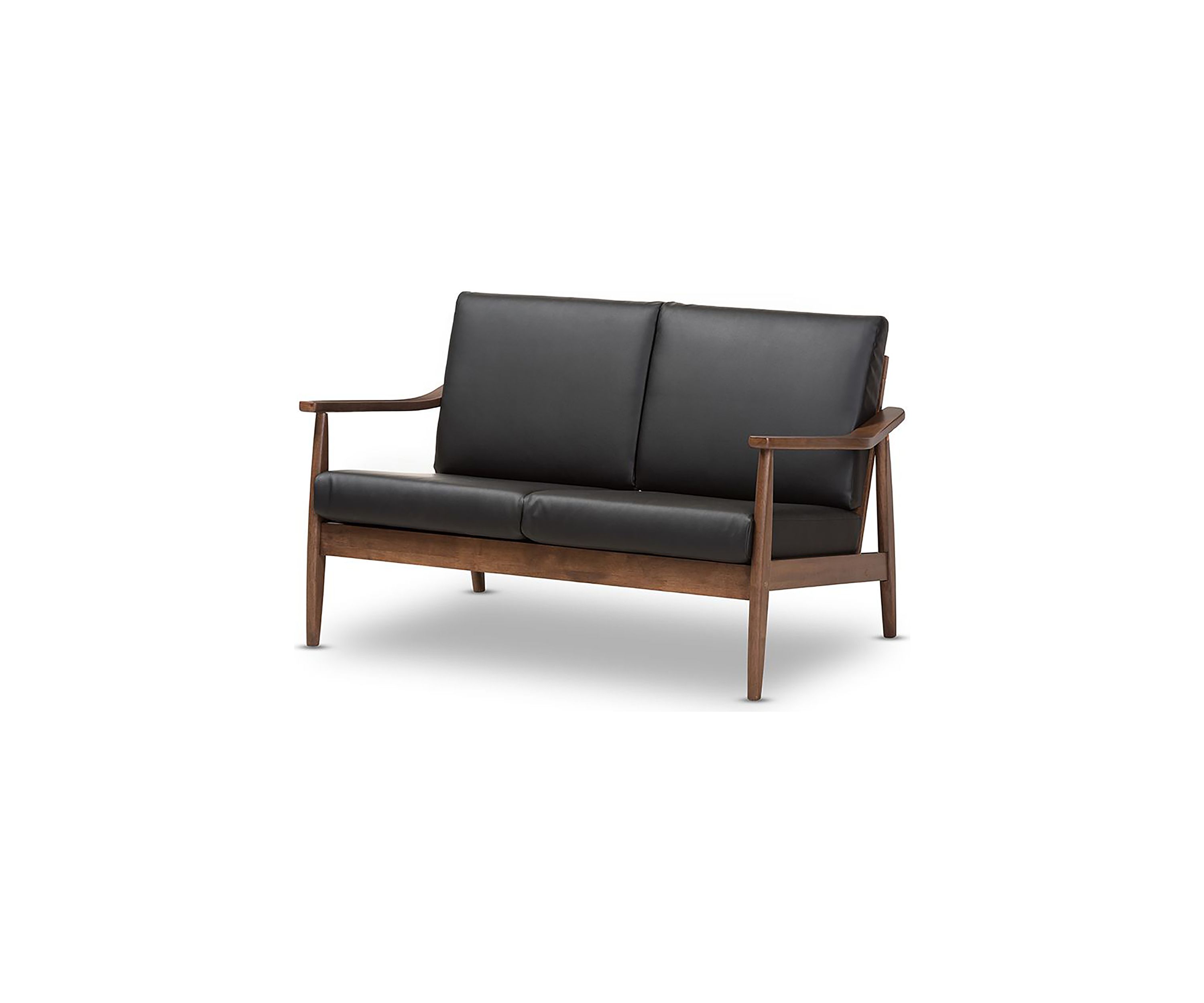 Venza Mid-Century Modern Walnut Wood Black Faux Leather 2-Seater Loveseat