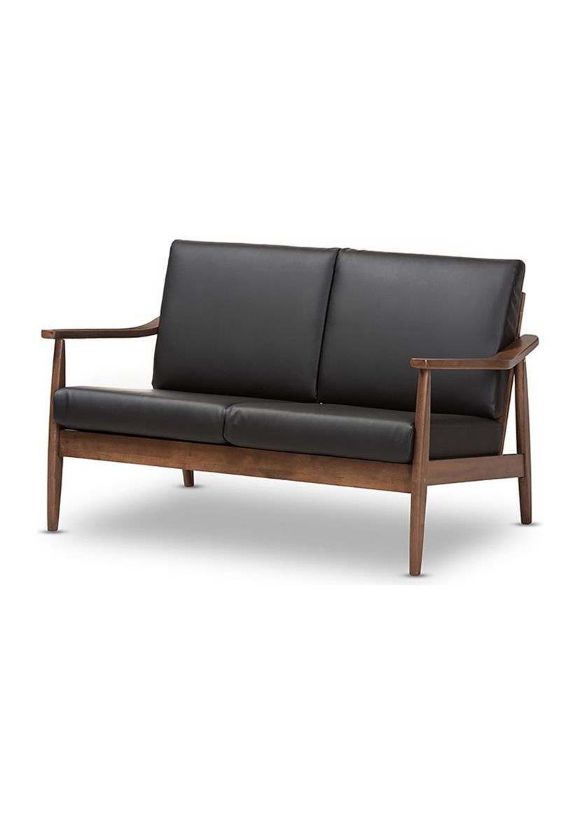 Venza Mid-Century Modern Walnut Wood Black Faux Leather 2-Seater Loveseat