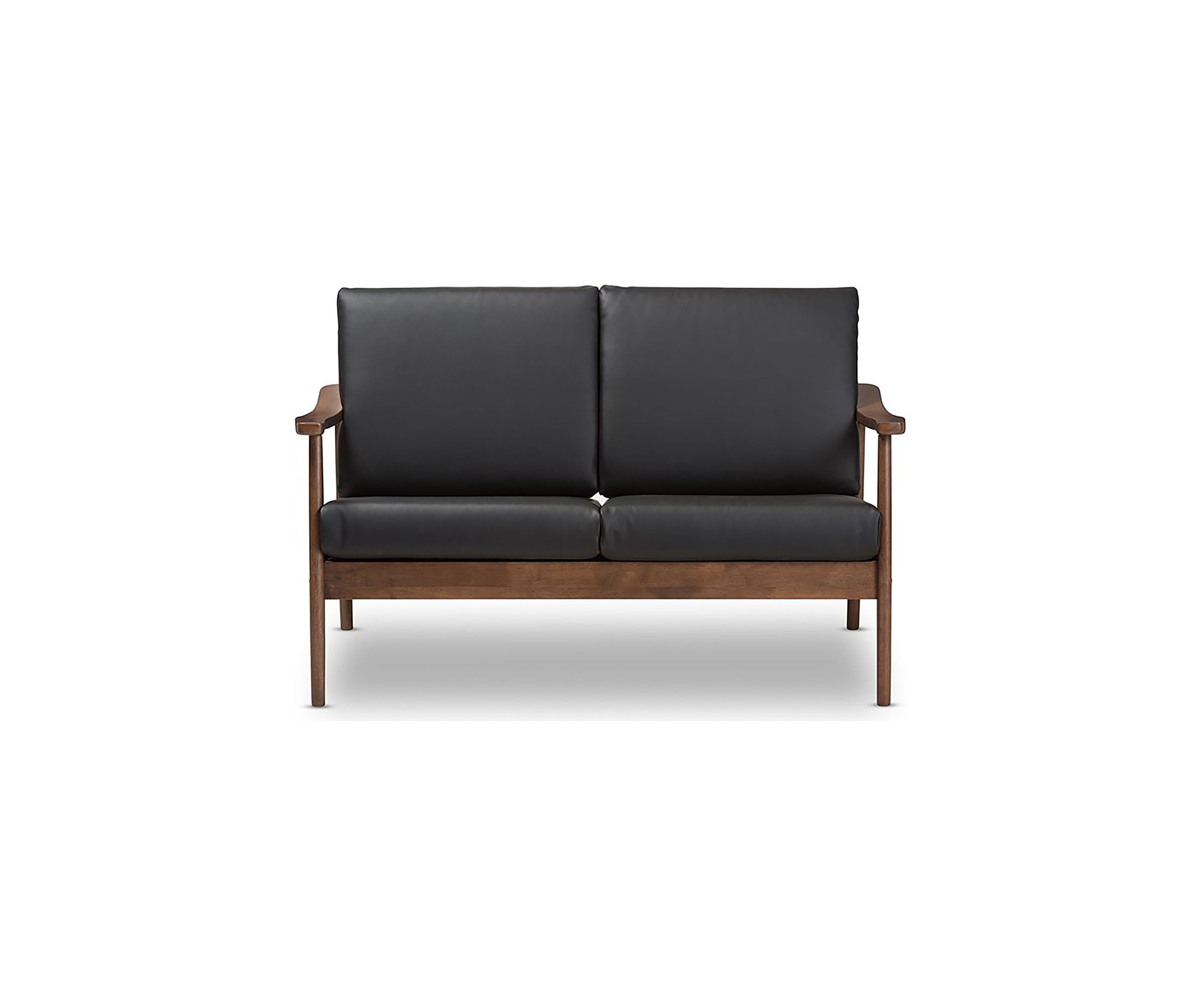 Venza Mid-Century Modern Walnut Wood Black Faux Leather 2-Seater Loveseat