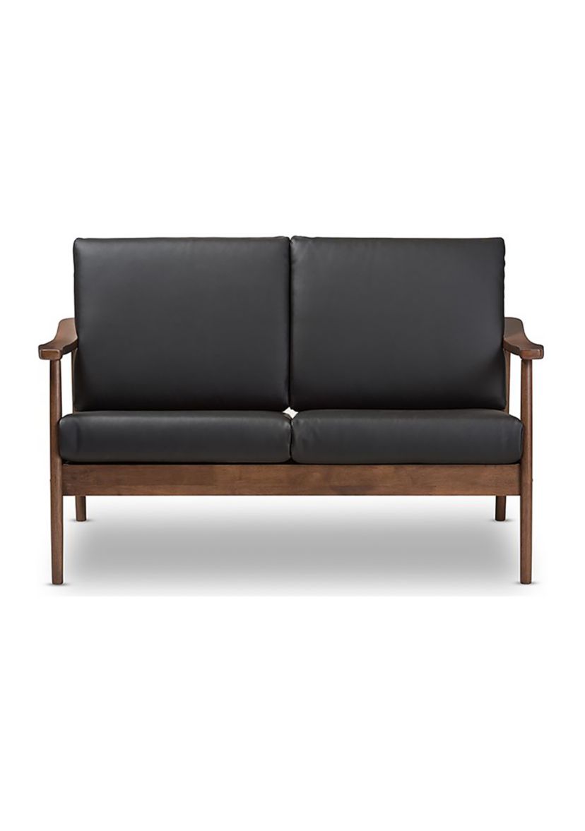 Venza Mid-Century Modern Walnut Wood Black Faux Leather 2-Seater Loveseat