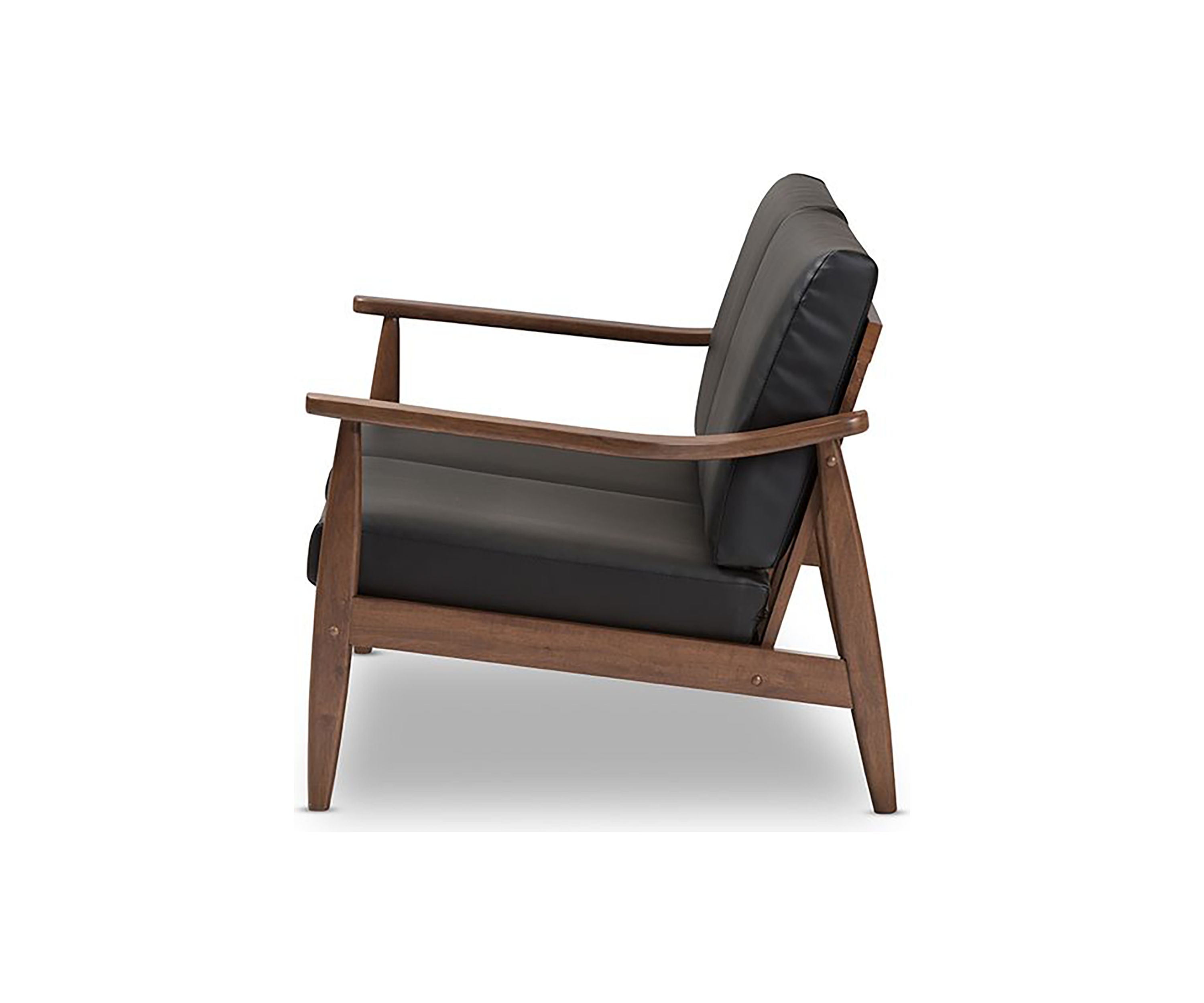 Venza Mid-Century Modern Walnut Wood Black Faux Leather 2-Seater Loveseat