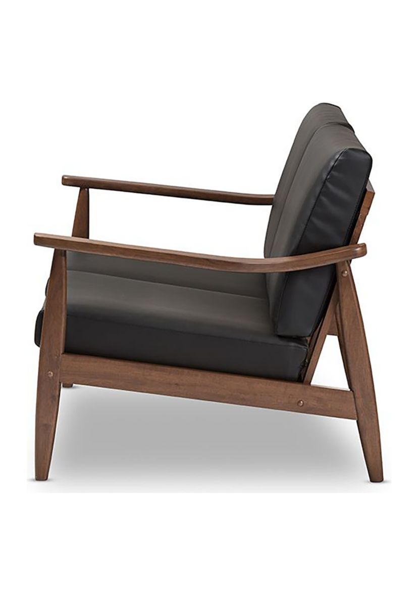 Venza Mid-Century Modern Walnut Wood Black Faux Leather 2-Seater Loveseat