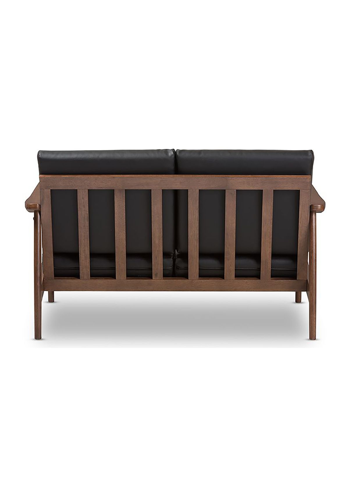 Venza Mid-Century Modern Walnut Wood Black Faux Leather 2-Seater Loveseat