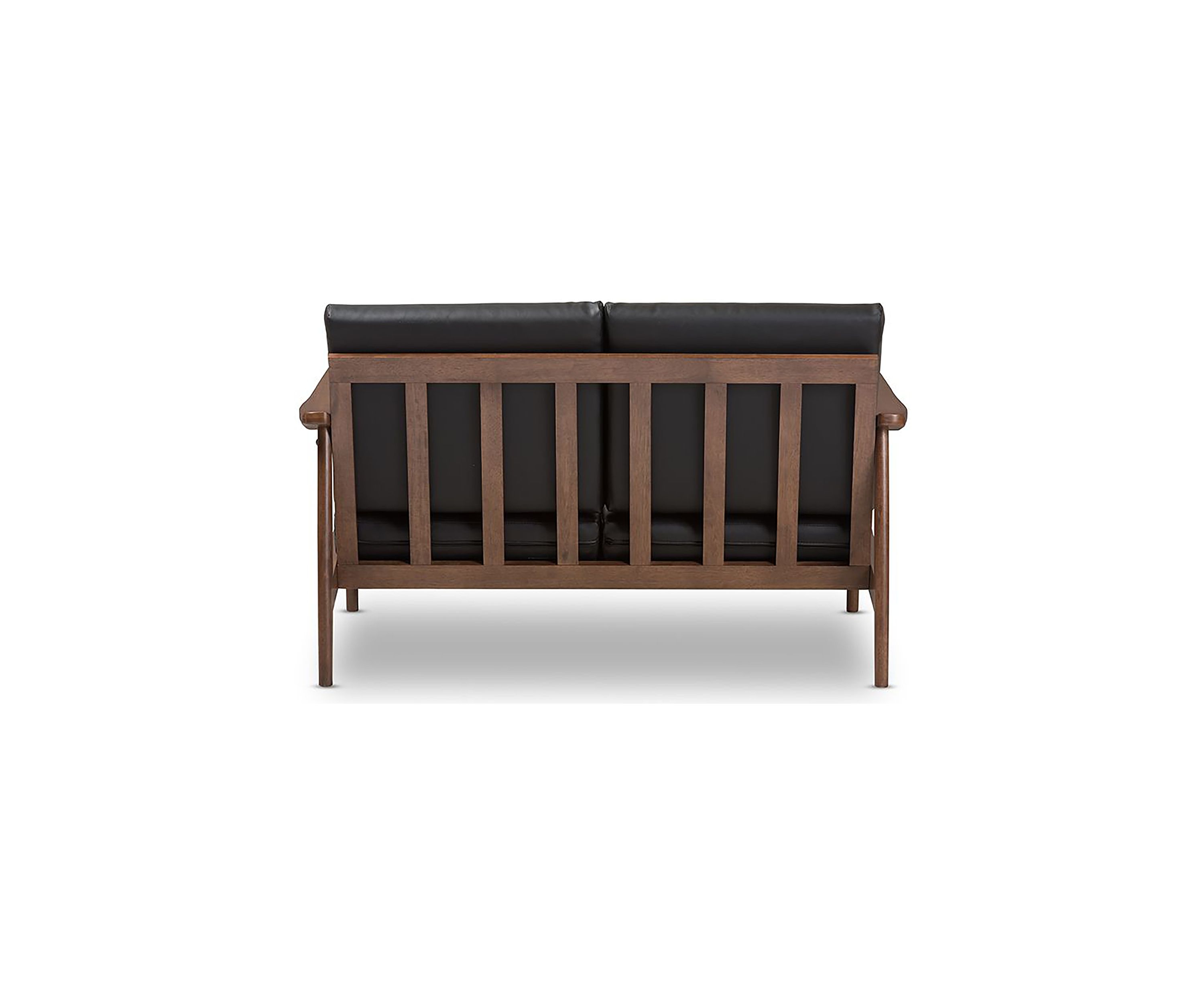 Venza Mid-Century Modern Walnut Wood Black Faux Leather 2-Seater Loveseat