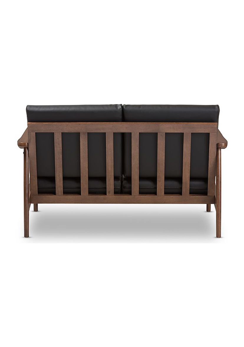 Venza Mid-Century Modern Walnut Wood Black Faux Leather 2-Seater Loveseat