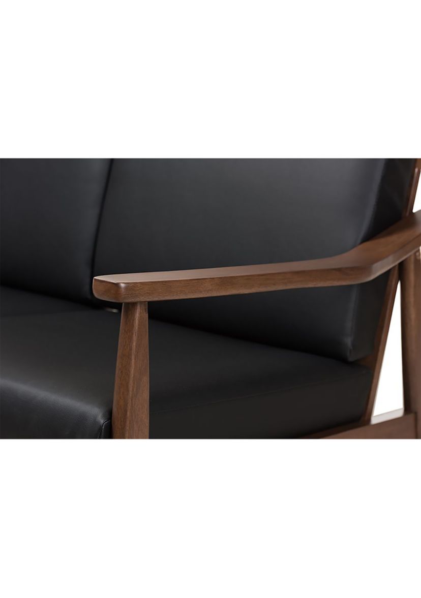 Venza Mid-Century Modern Walnut Wood Black Faux Leather 2-Seater Loveseat