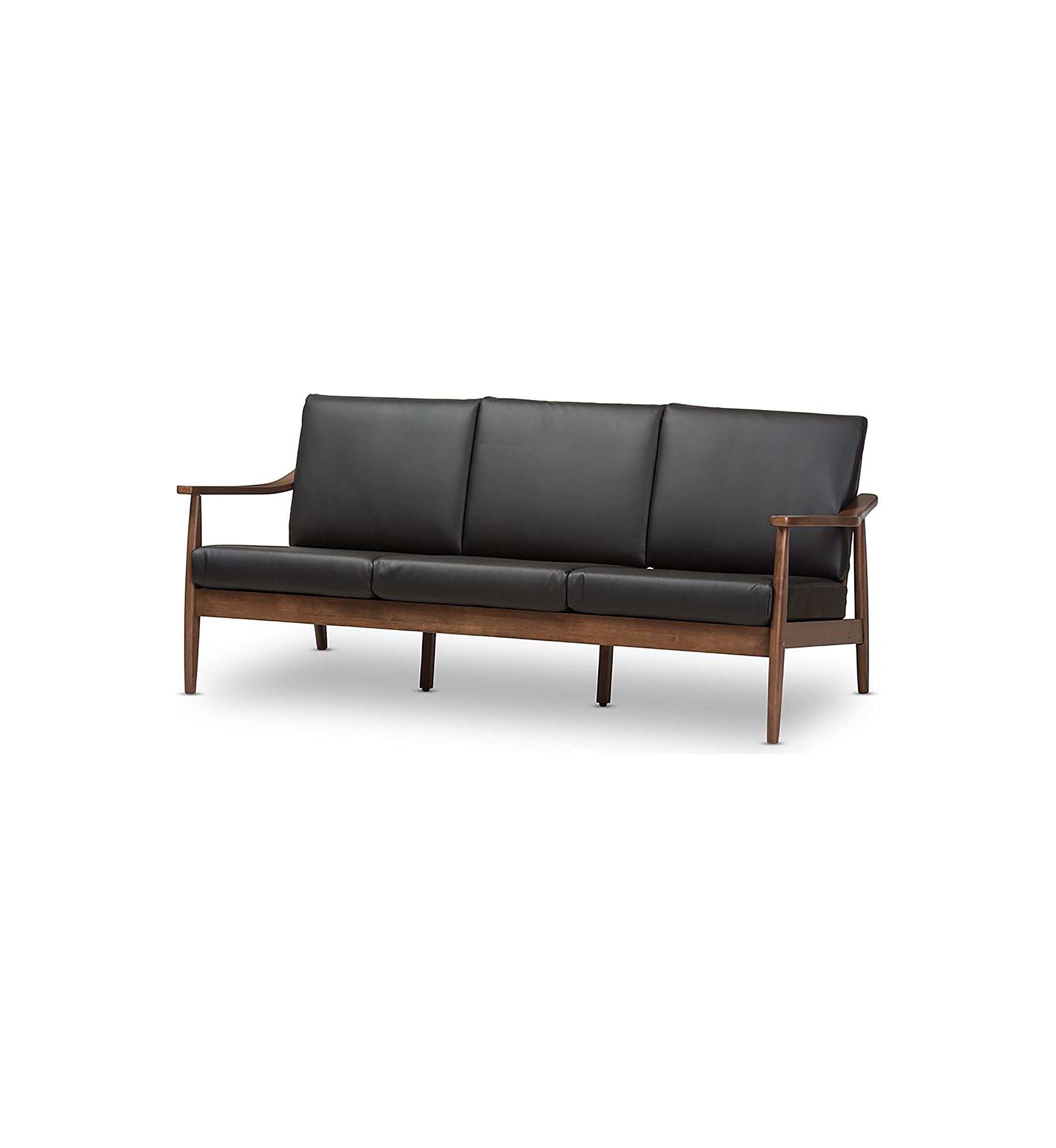Venza Mid-Century Modern Walnut Wood Black Faux Leather 3-Seater Sofa