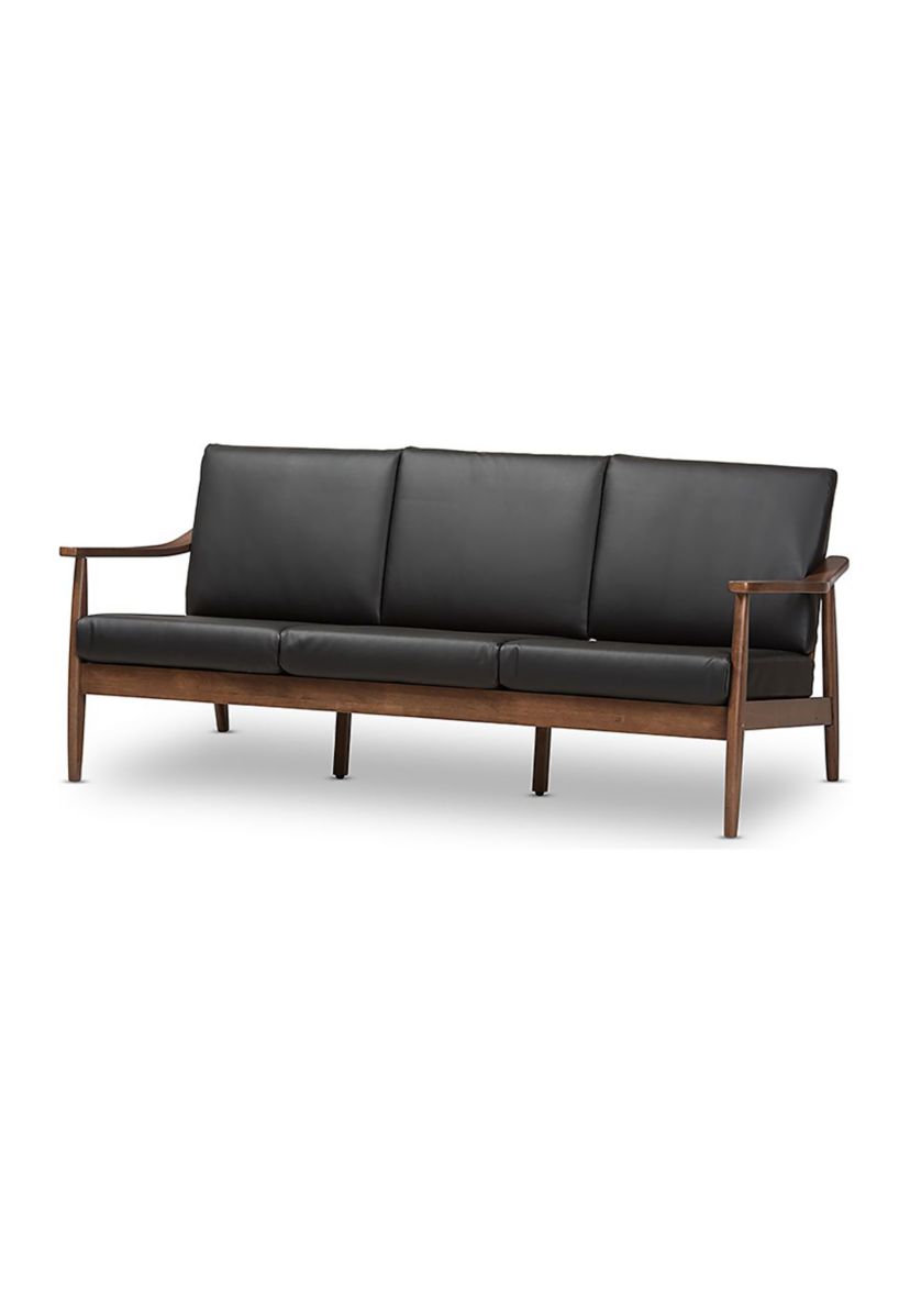 Venza Mid-Century Modern Walnut Wood Black Faux Leather 3-Seater Sofa