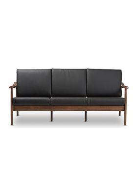 Venza Mid-Century Modern Walnut Wood Black Faux Leather 3-Seater Sofa