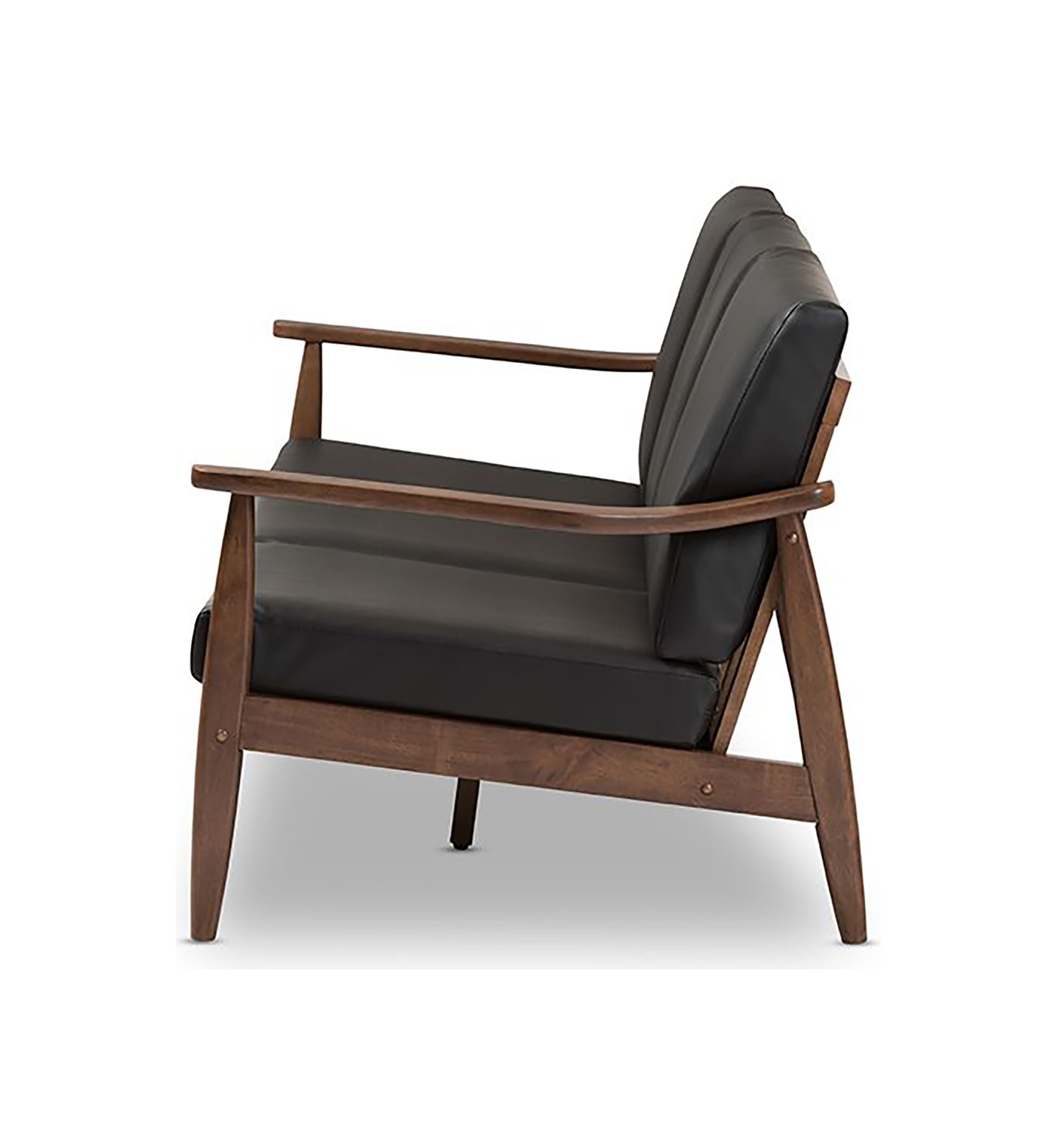 Venza Mid-Century Modern Walnut Wood Black Faux Leather 3-Seater Sofa