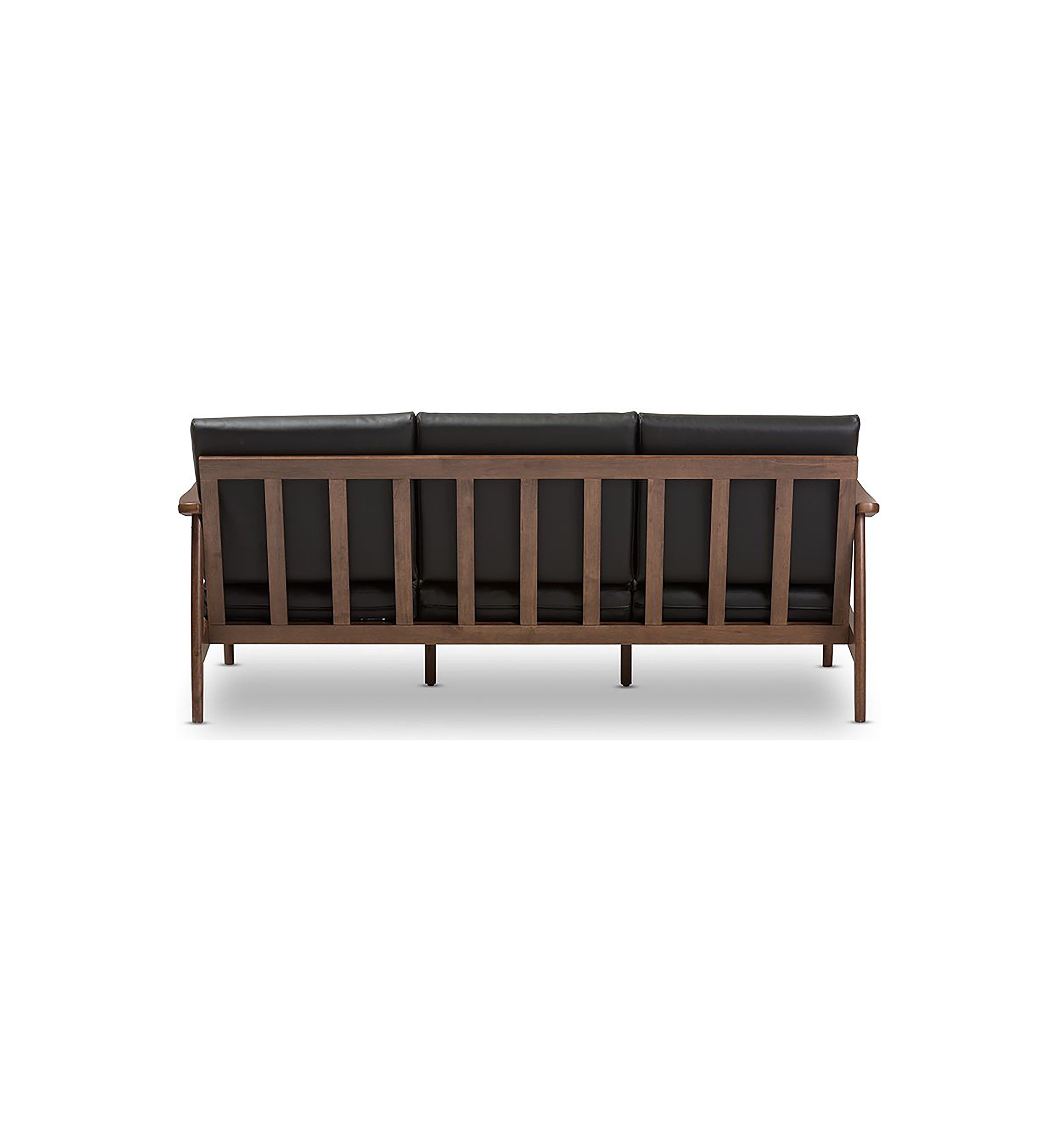 Venza Mid-Century Modern Walnut Wood Black Faux Leather 3-Seater Sofa