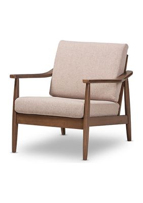 Venza Mid-Century Modern Walnut Wood Light Brown Fabric Upholstered Lounge Chair