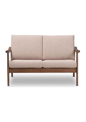 Venza Mid-Century Modern Walnut Wood Light Brown Fabric Upholstered 2-Seater Loveseat