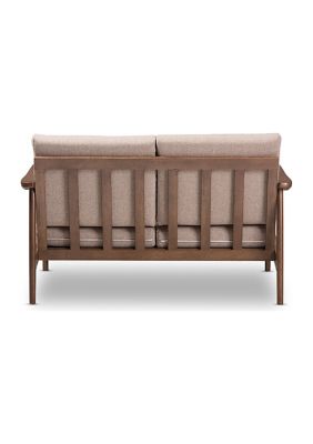Venza Mid-Century Modern Walnut Wood Light Brown Fabric Upholstered 2-Seater Loveseat