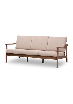 Venza Mid-Century Modern Walnut Wood Light Brown Fabric Upholstered 3-Seater Sofa