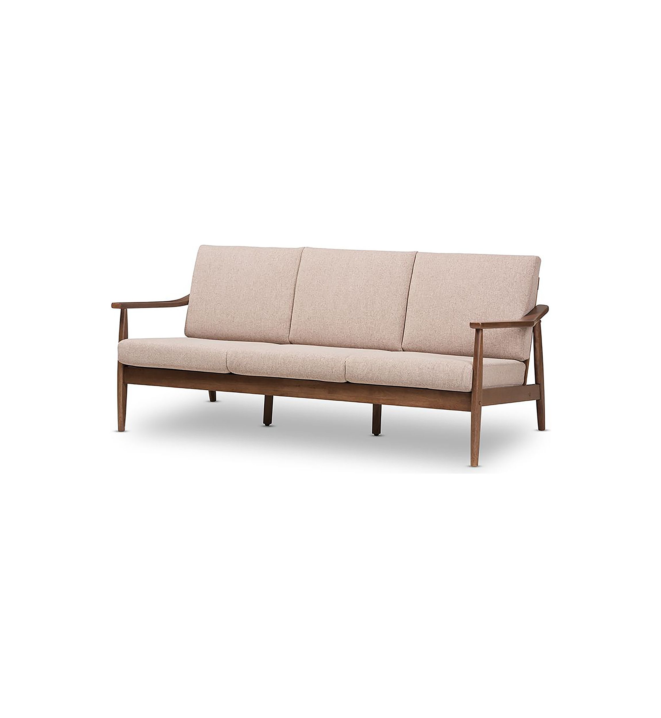Venza Mid-Century Modern Walnut Wood Light Brown Fabric Upholstered 3-Seater Sofa