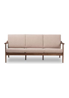 Venza Mid-Century Modern Walnut Wood Light Brown Fabric Upholstered 3-Seater Sofa