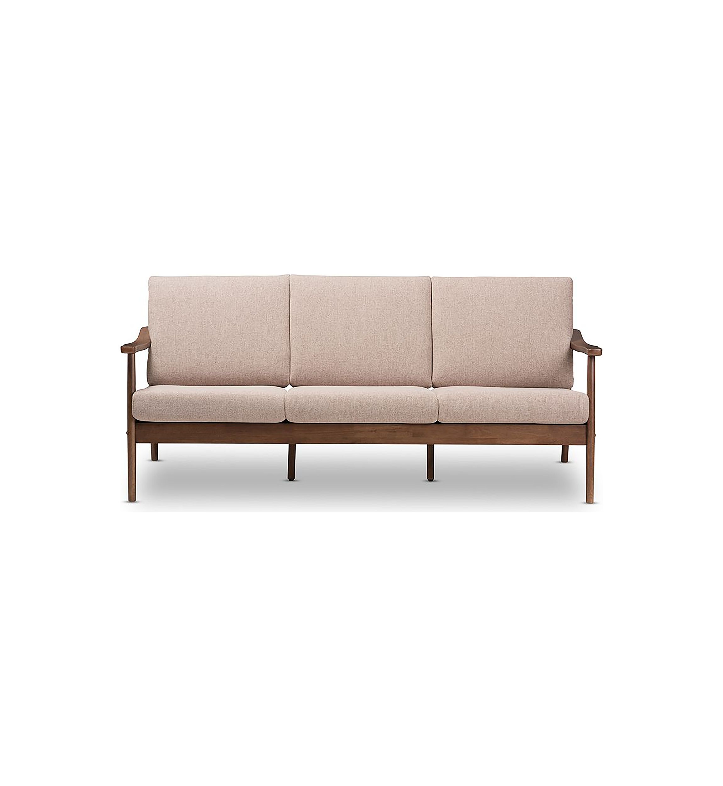 Venza Mid-Century Modern Walnut Wood Light Brown Fabric Upholstered 3-Seater Sofa