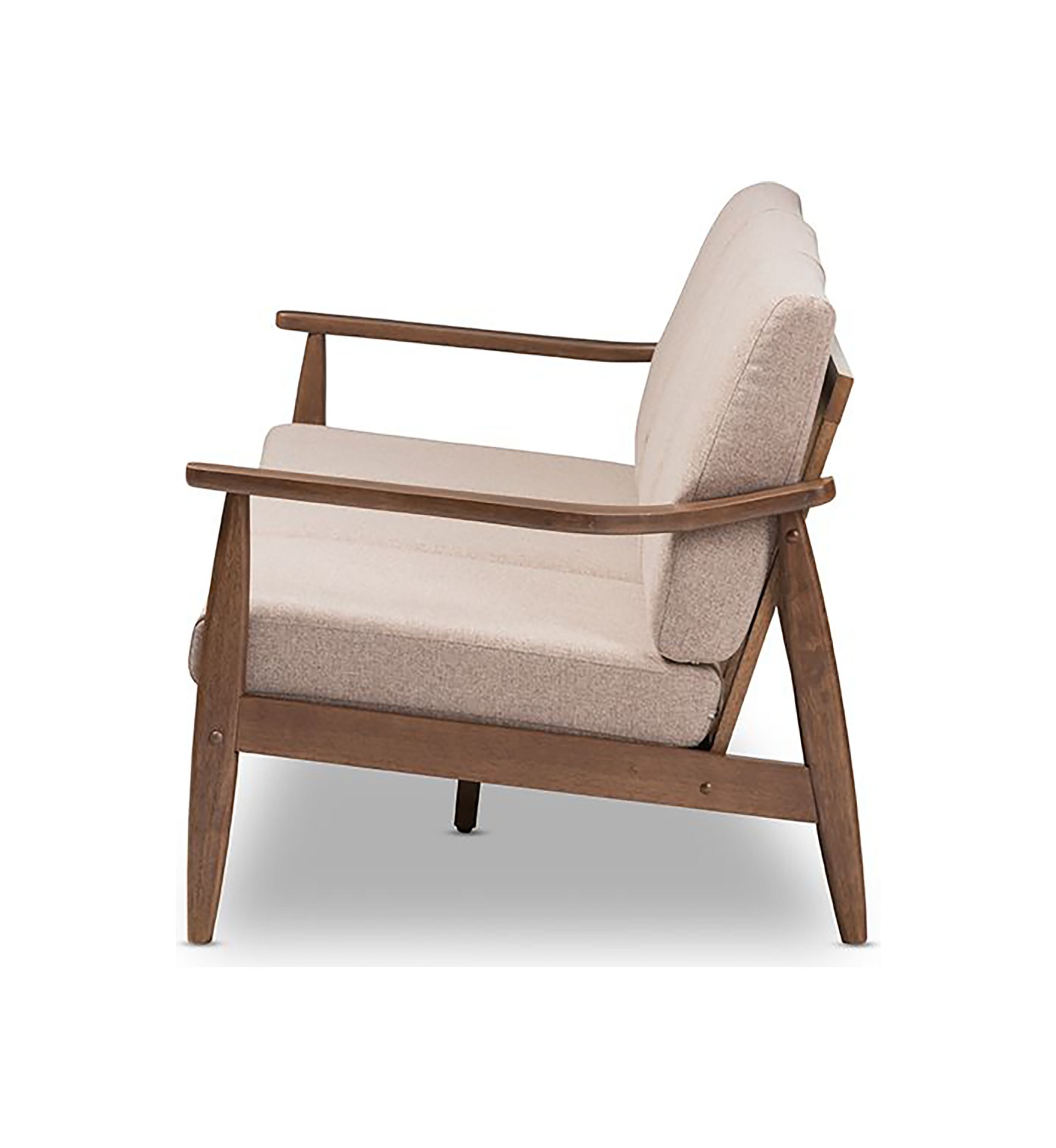 Venza Mid-Century Modern Walnut Wood Light Brown Fabric Upholstered 3-Seater Sofa