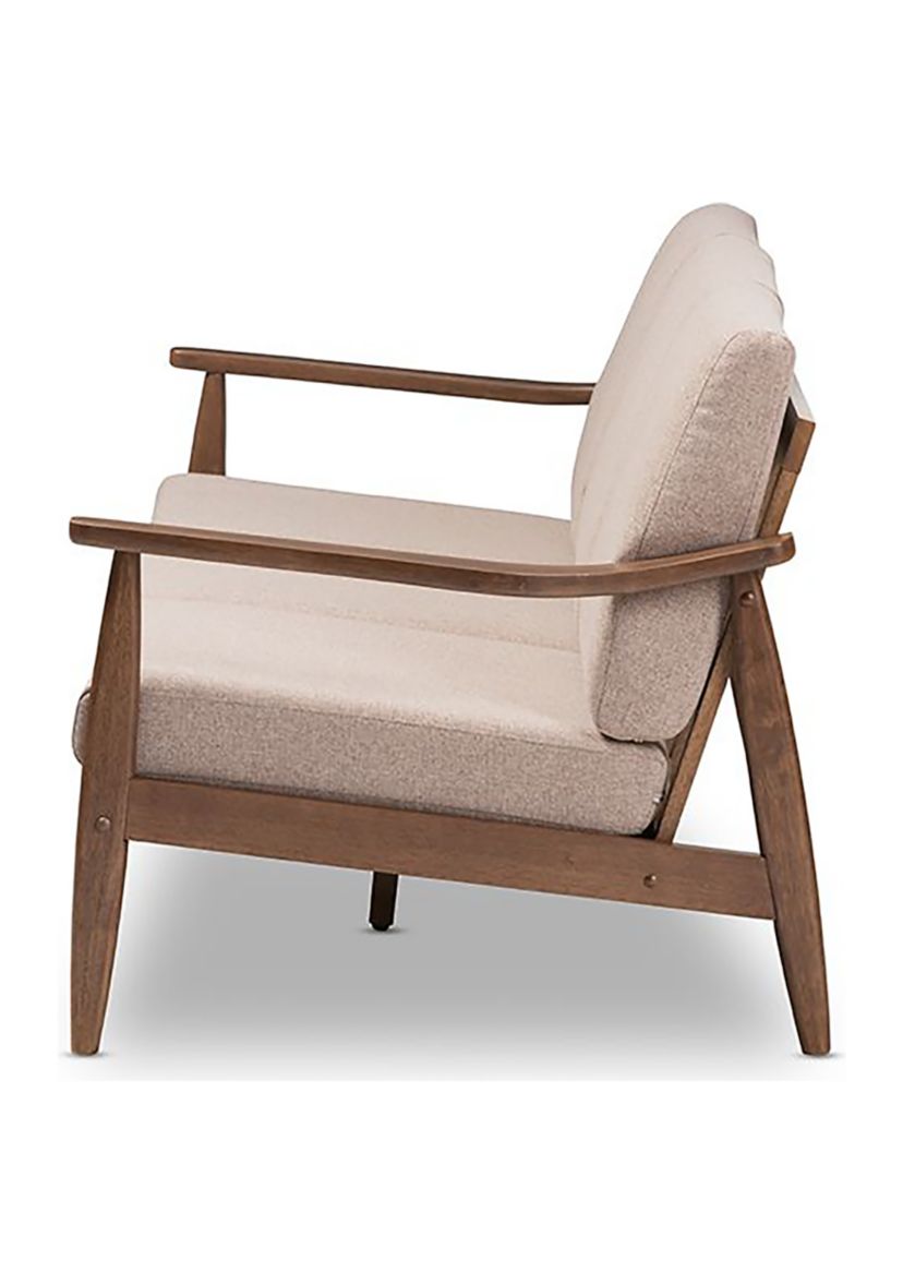 Venza Mid-Century Modern Walnut Wood Light Brown Fabric Upholstered 3-Seater Sofa