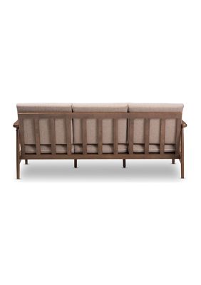 Venza Mid-Century Modern Walnut Wood Light Brown Fabric Upholstered 3-Seater Sofa