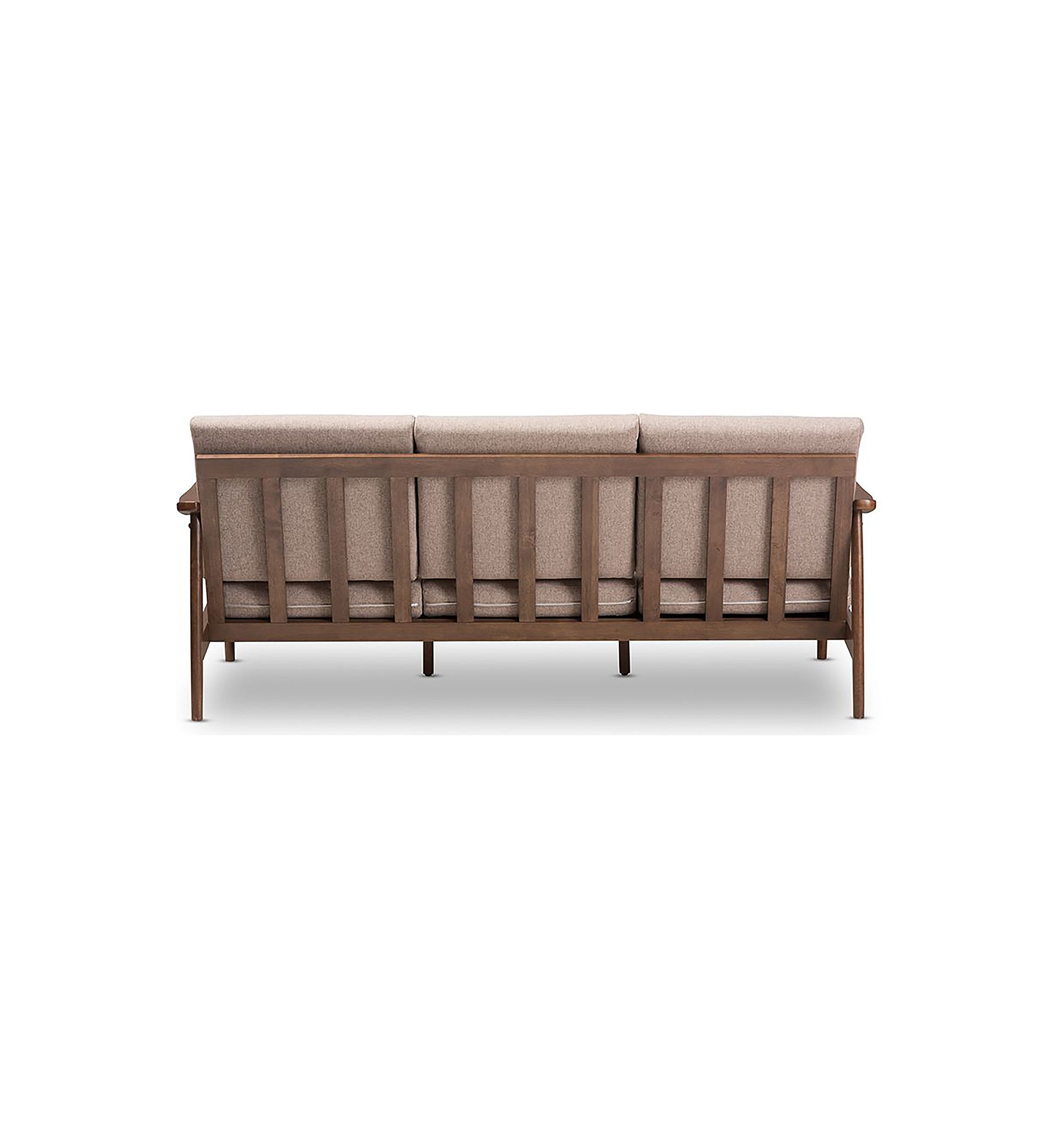Venza Mid-Century Modern Walnut Wood Light Brown Fabric Upholstered 3-Seater Sofa