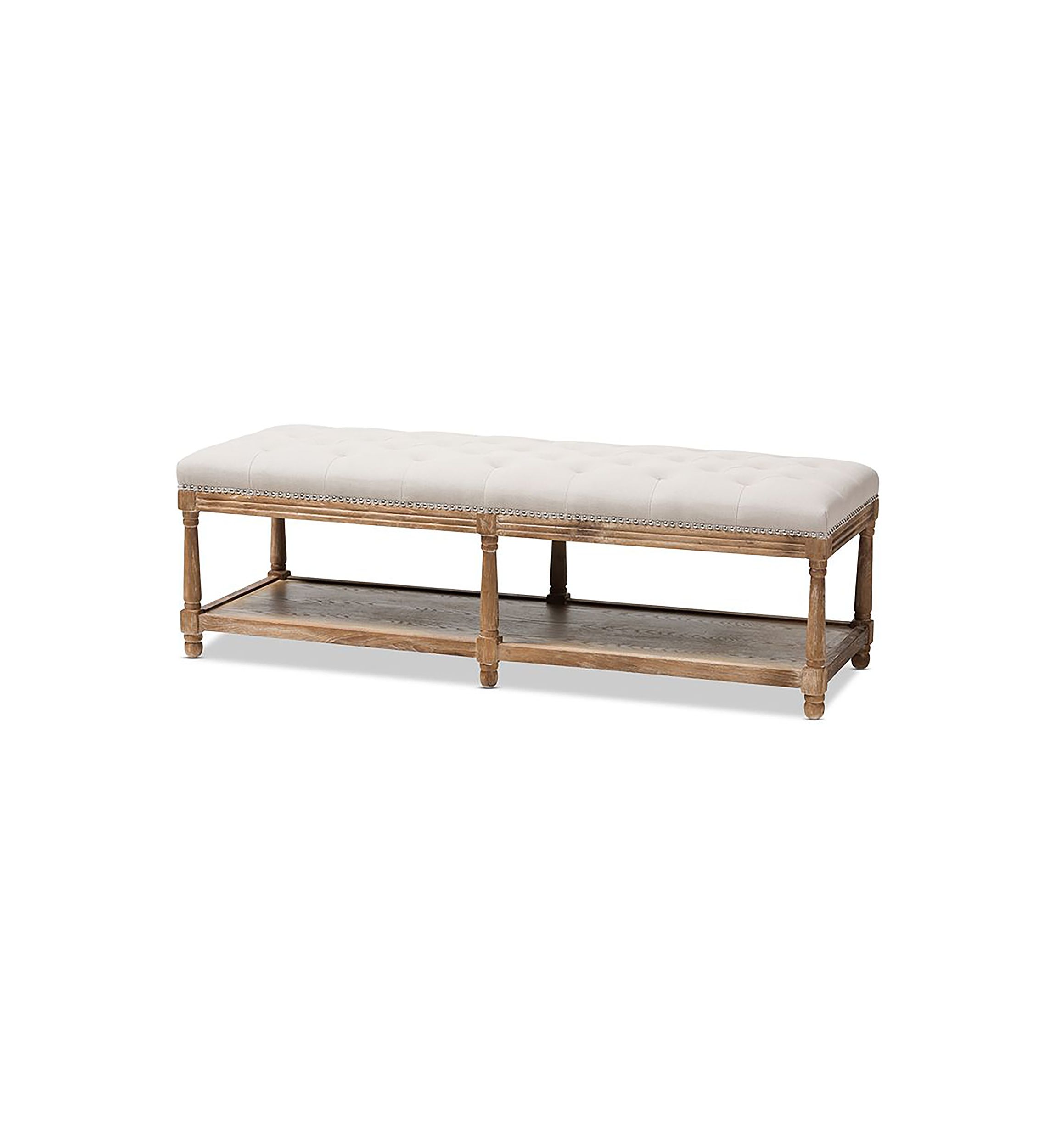 Celeste French Country Weathered Oak Beige Linen Upholstered Ottoman Bench