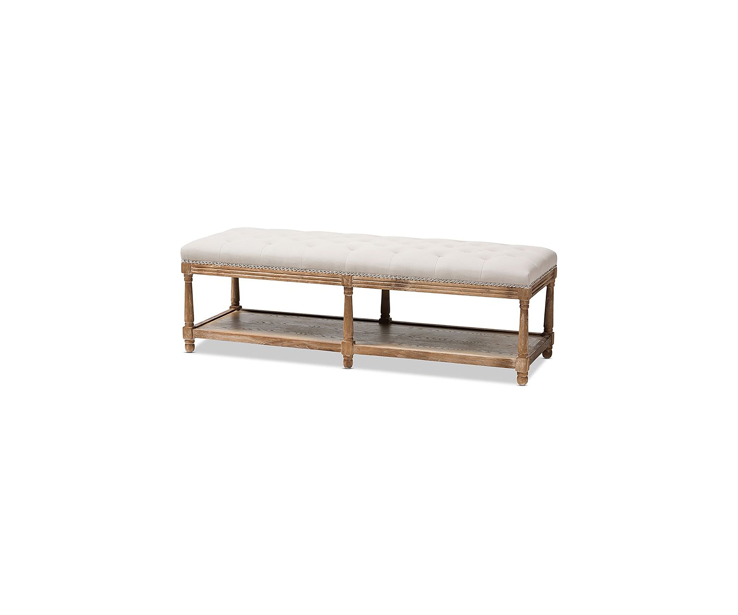 Celeste French Country Weathered Oak Beige Linen Upholstered Ottoman Bench