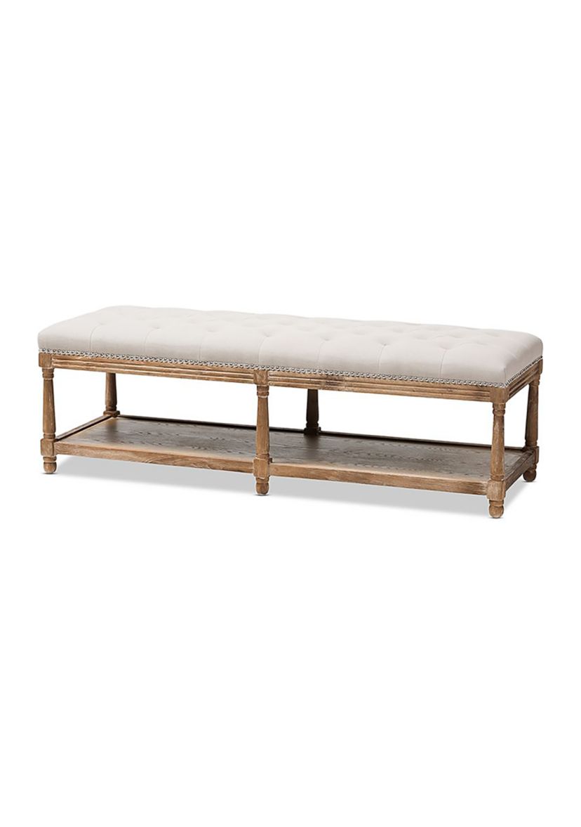 Celeste French Country Weathered Oak Beige Linen Upholstered Ottoman Bench