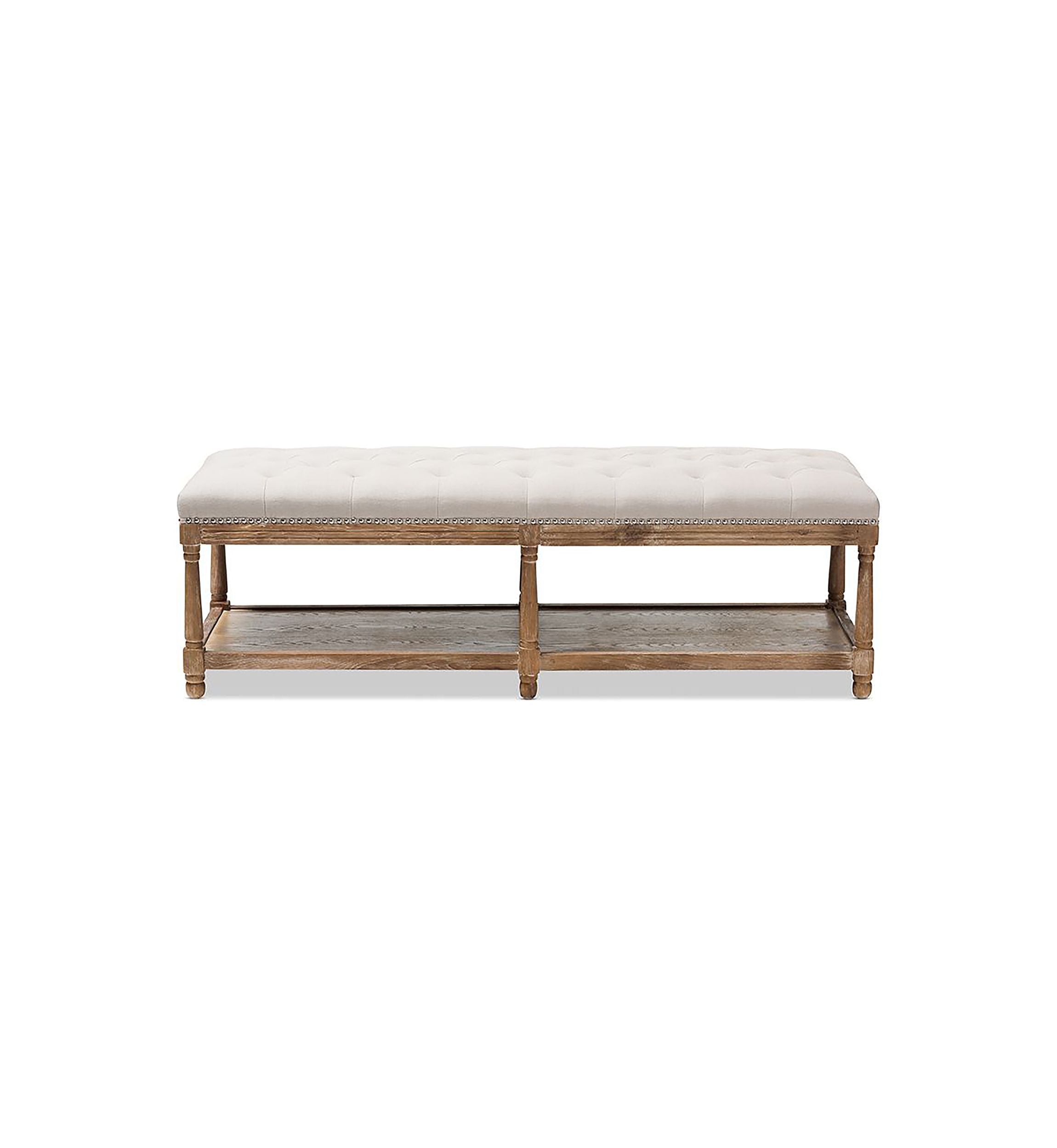 Celeste French Country Weathered Oak Beige Linen Upholstered Ottoman Bench