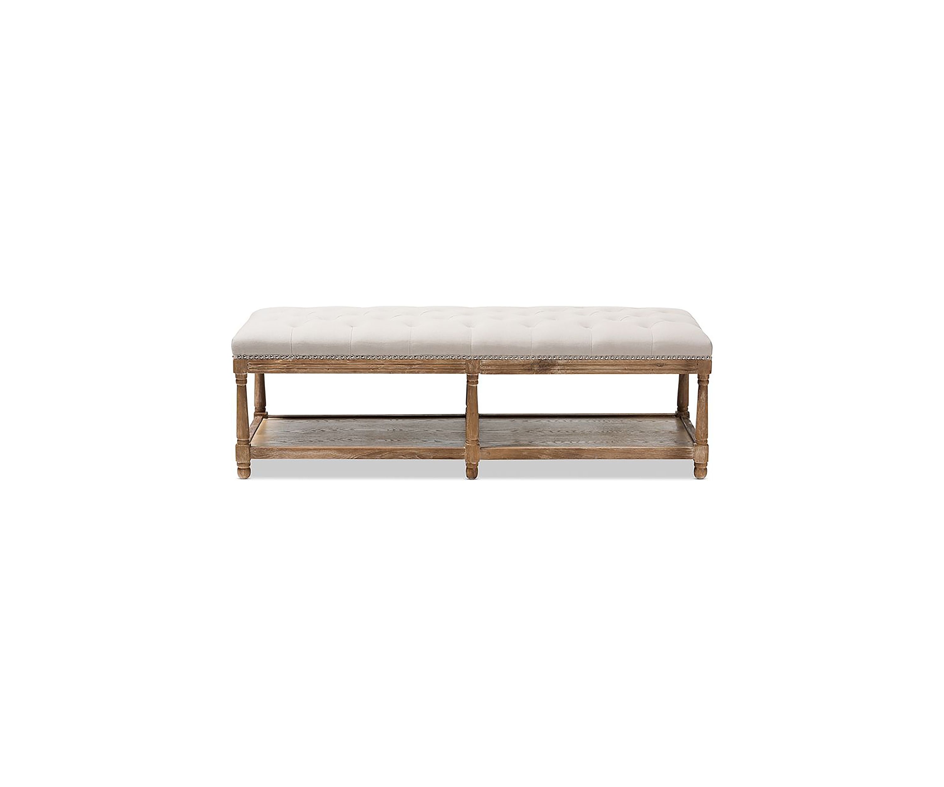 Celeste French Country Weathered Oak Beige Linen Upholstered Ottoman Bench