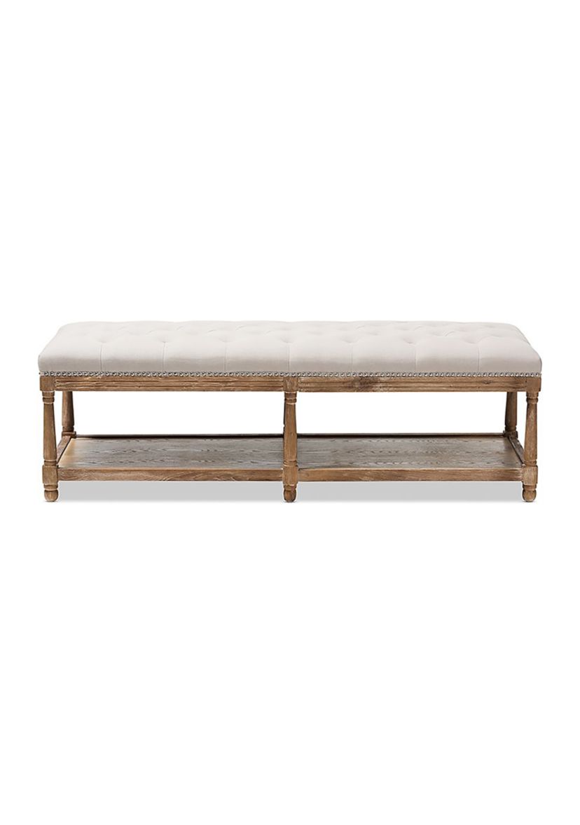 Celeste French Country Weathered Oak Beige Linen Upholstered Ottoman Bench