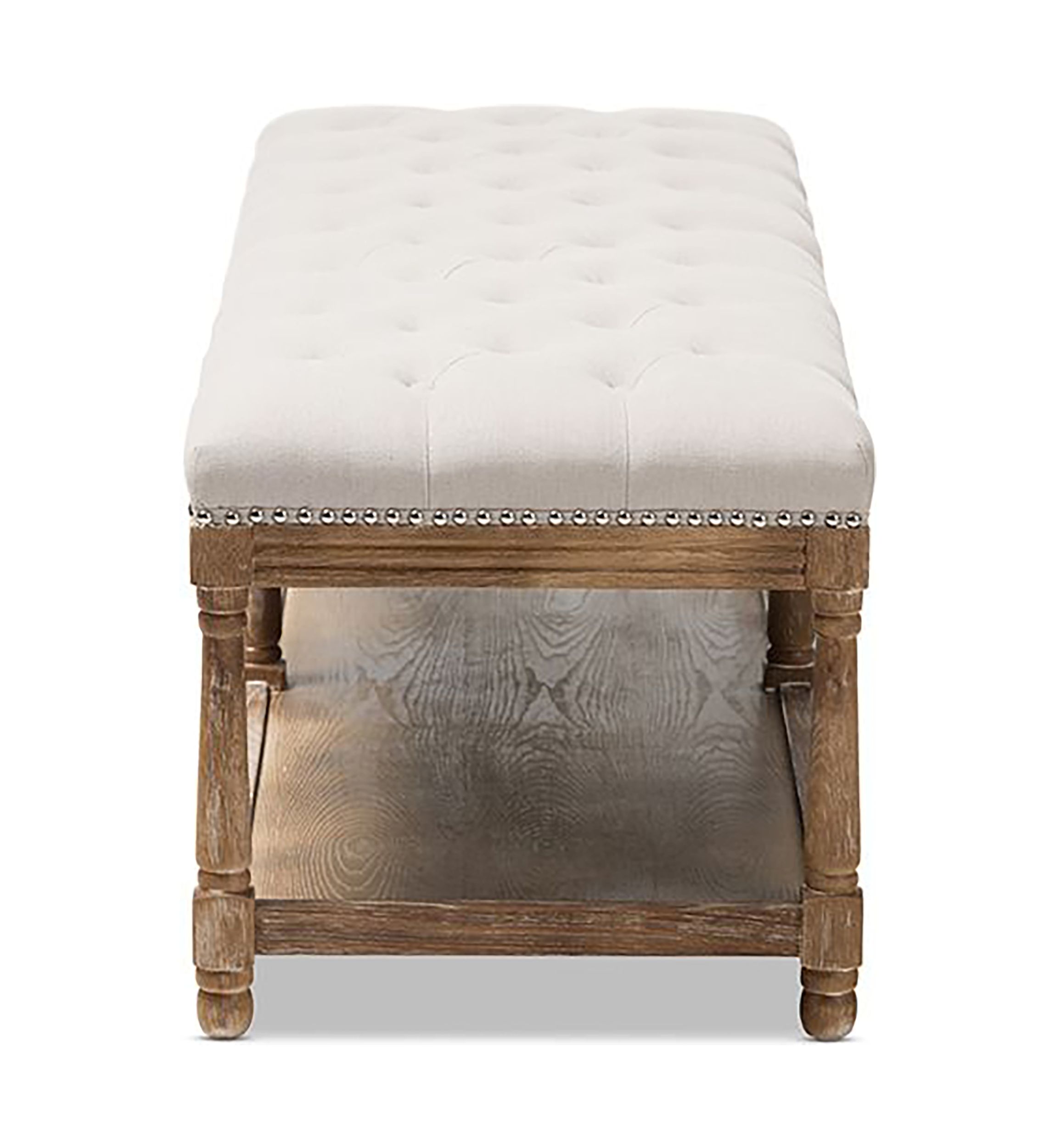 Celeste French Country Weathered Oak Beige Linen Upholstered Ottoman Bench