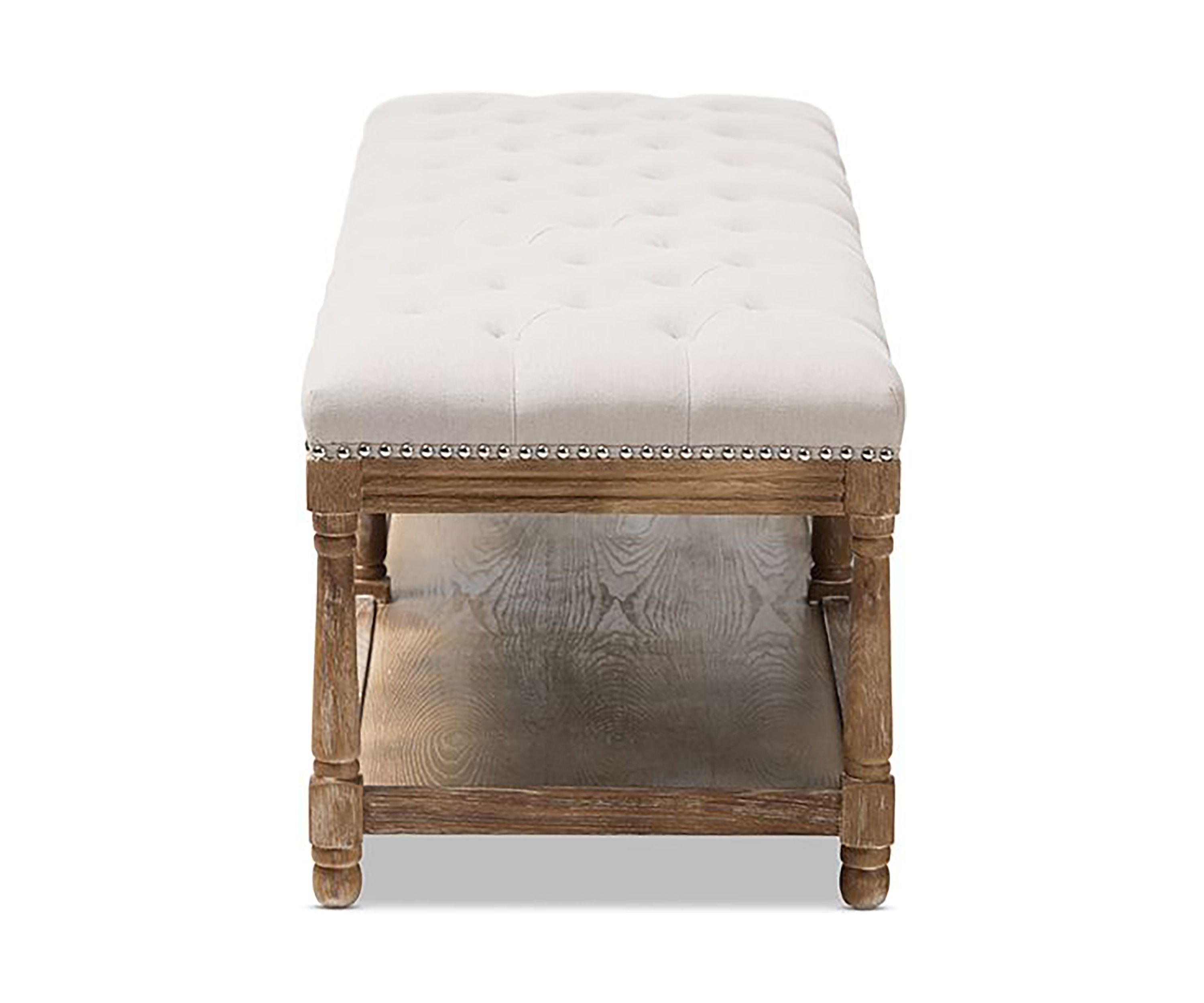 Celeste French Country Weathered Oak Beige Linen Upholstered Ottoman Bench