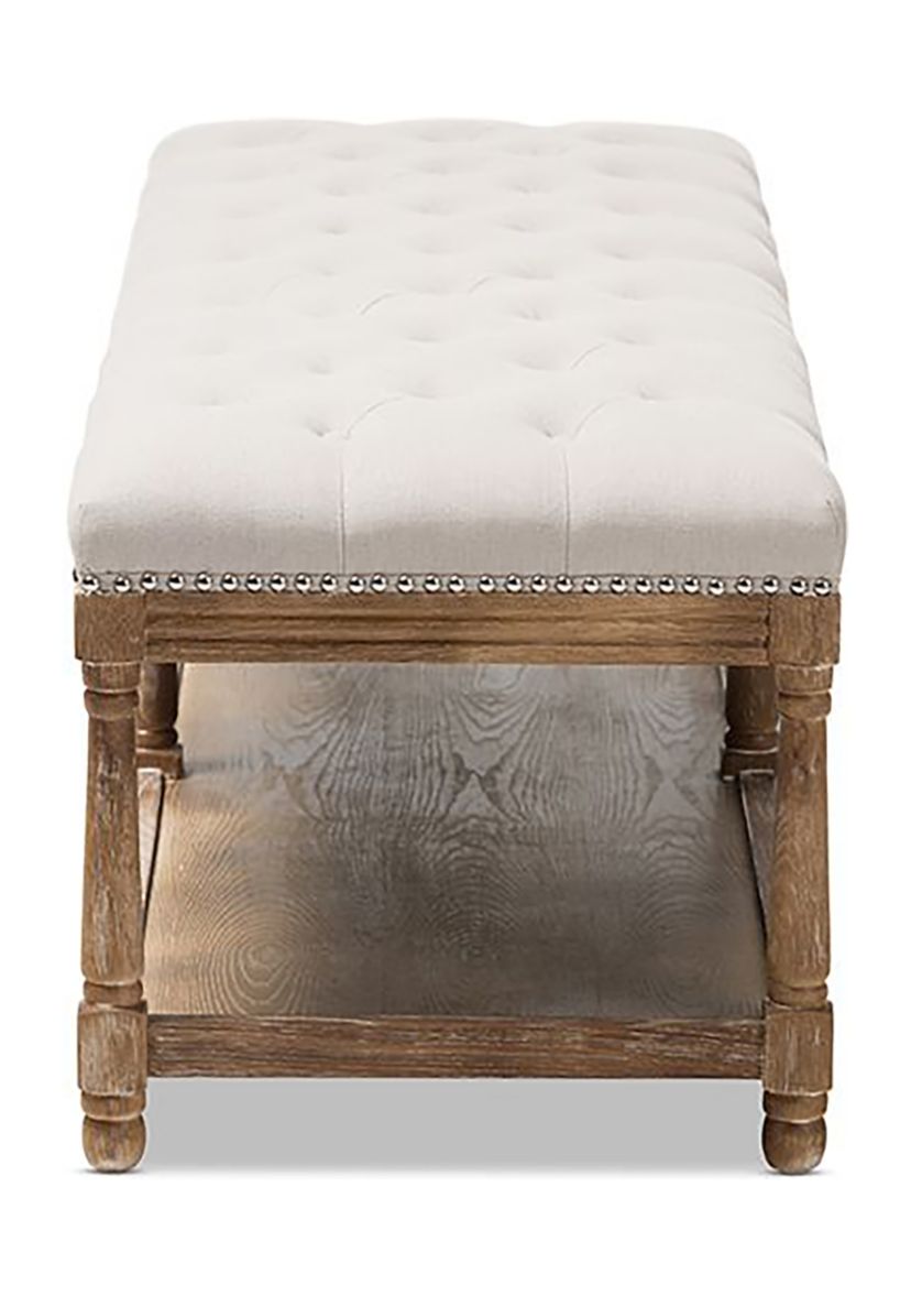 Celeste French Country Weathered Oak Beige Linen Upholstered Ottoman Bench