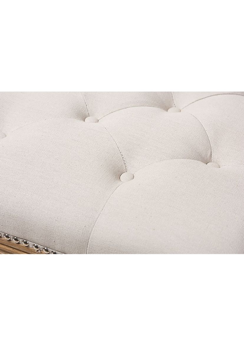 Celeste French Country Weathered Oak Beige Linen Upholstered Ottoman Bench