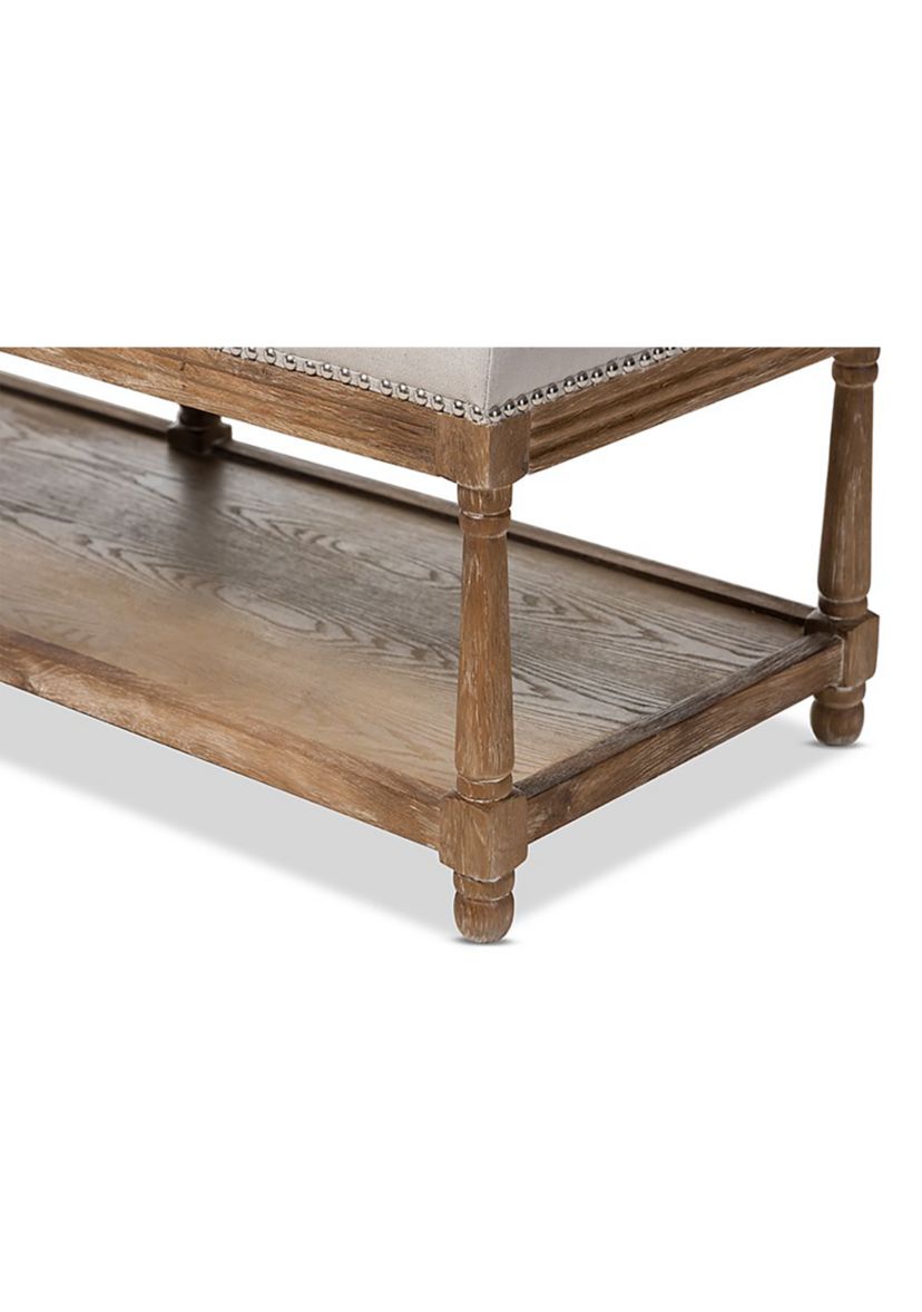 Celeste French Country Weathered Oak Beige Linen Upholstered Ottoman Bench