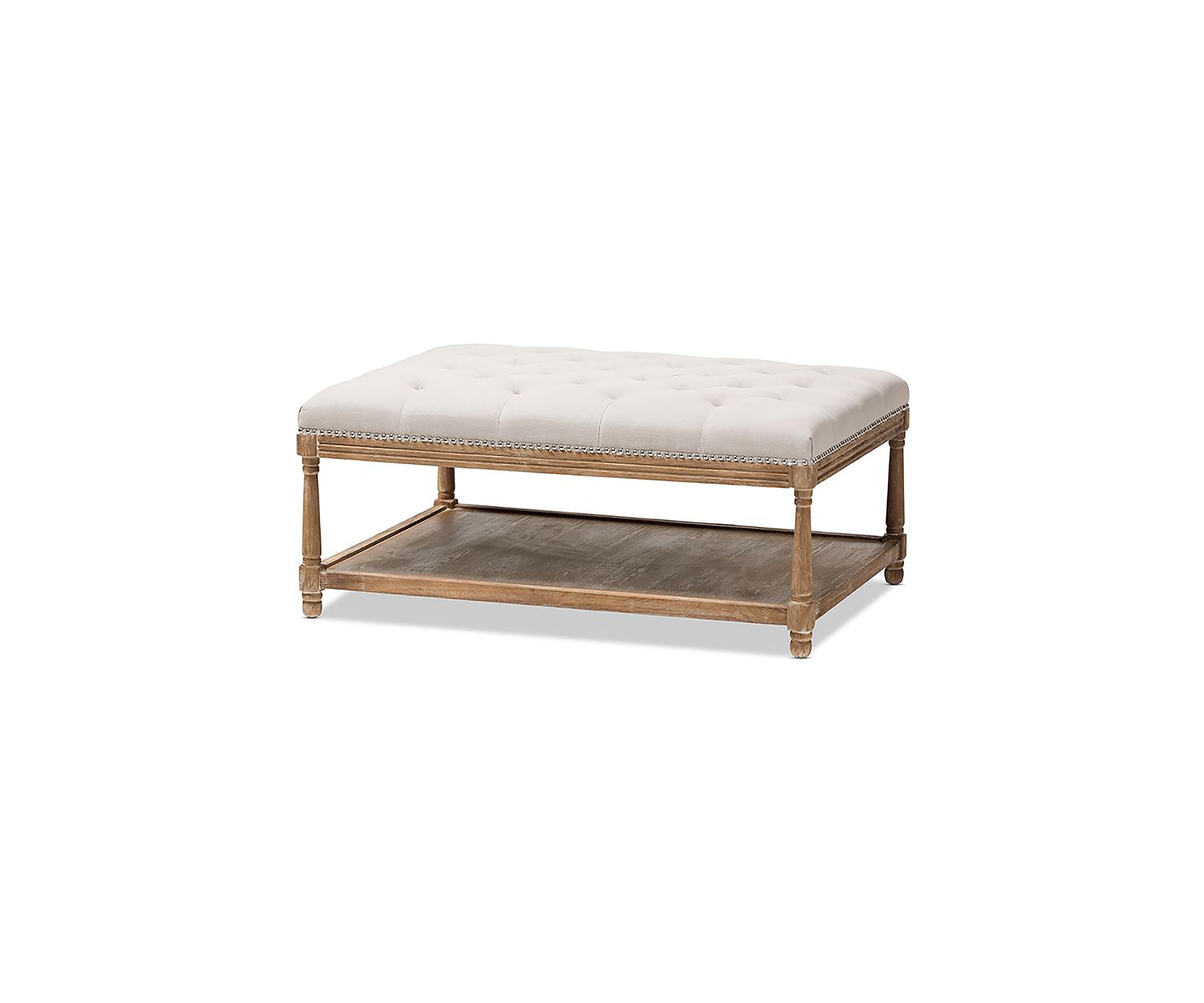 Carlotta French Country Weathered Oak Beige Linen Rectangular Coffee Table Ottoman